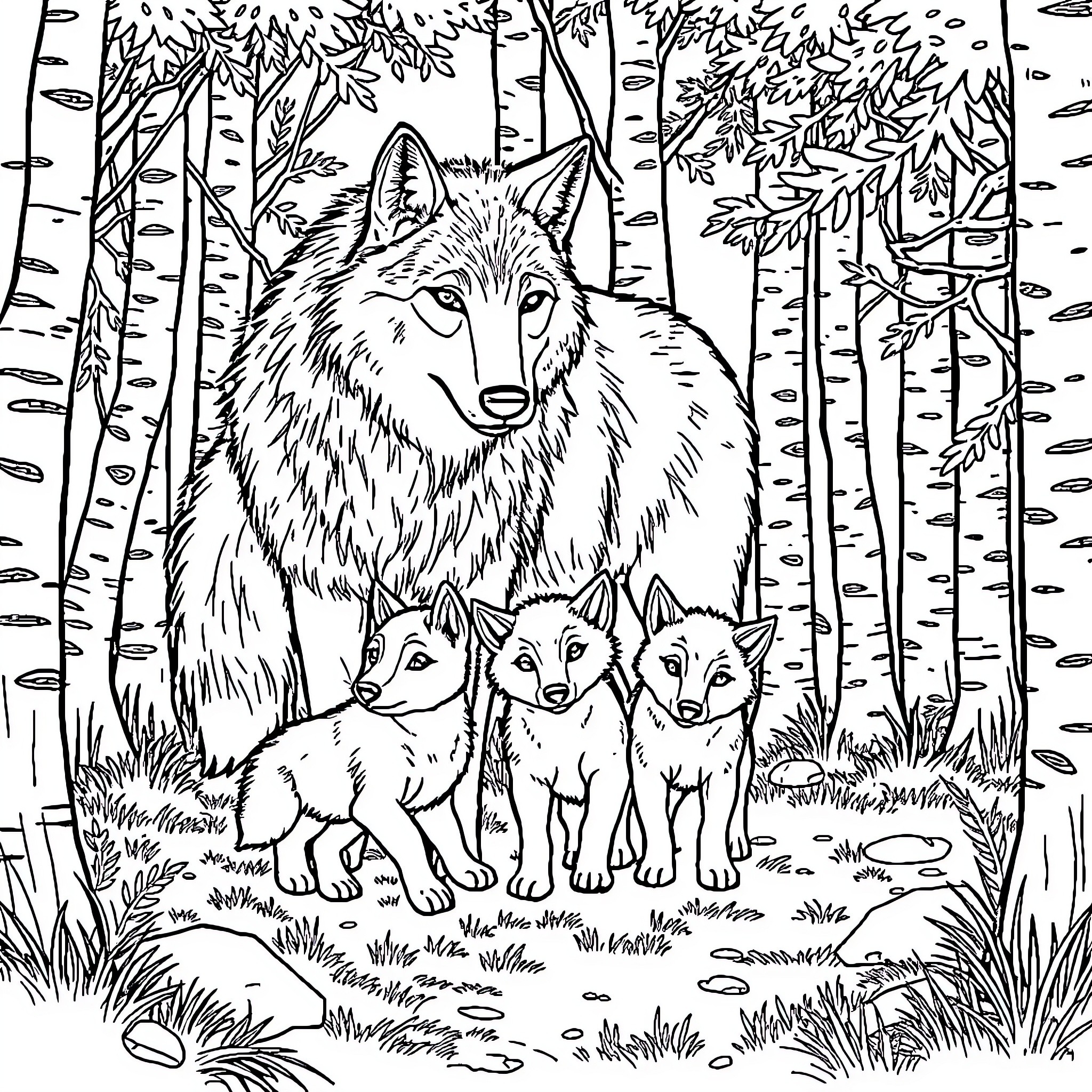 Wolf family in the woodland forest Coloring Page (free black-and-white line drawing printable PDF for all, from beginners to advanced learners, including children, teens, adults, and seniors)