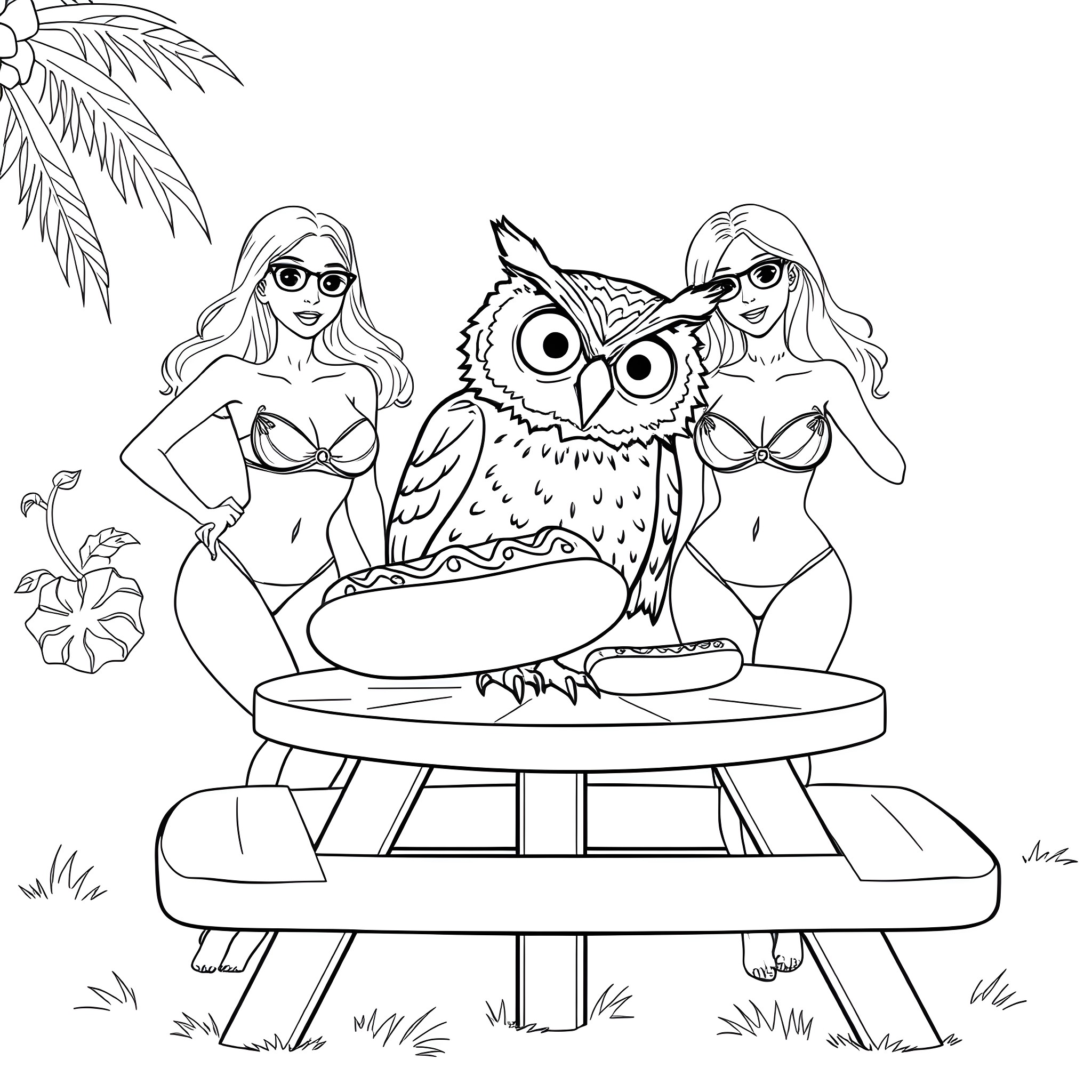 Owl Entertaining Bikini-Clad Companions in Tropical Setting Coloring Page (free black-and-white line drawing printable PDF for all, from beginners to advanced learners, including children, teens, adults, and seniors)