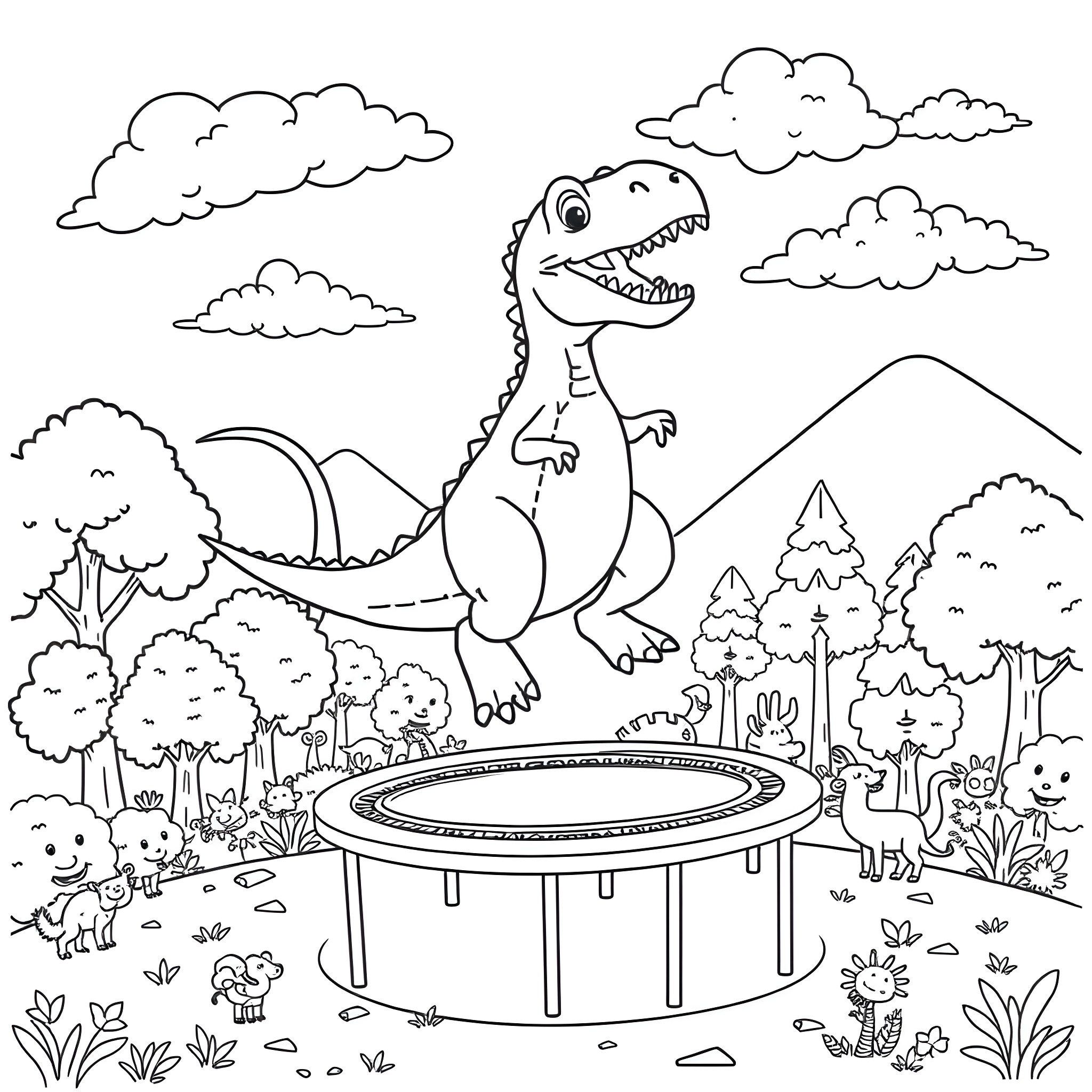 Dinosaur jumping happily on a trampoline in the forest Coloring Page (free black-and-white line drawing printable PDF for all, from beginners to advanced learners, including children, teens, adults, and seniors)