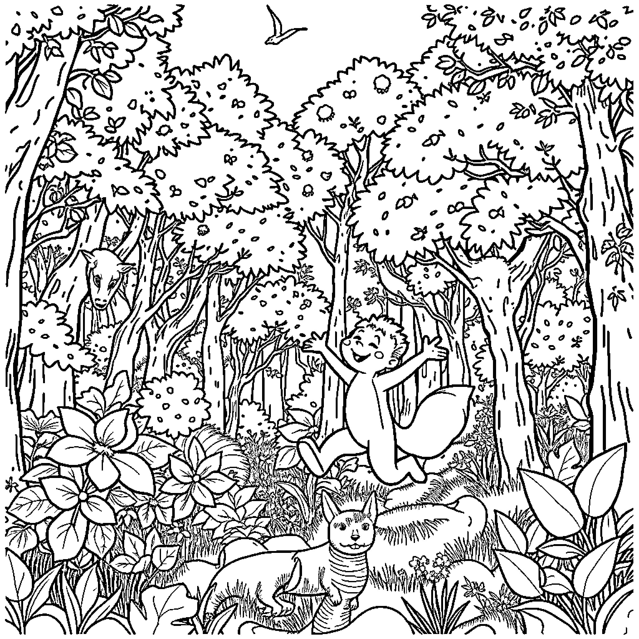 Enfant jouant joyeusement dans la forêt Coloring Page (free black-and-white line drawing printable PDF for all, from beginners to advanced learners, including children, teens, adults, and seniors)