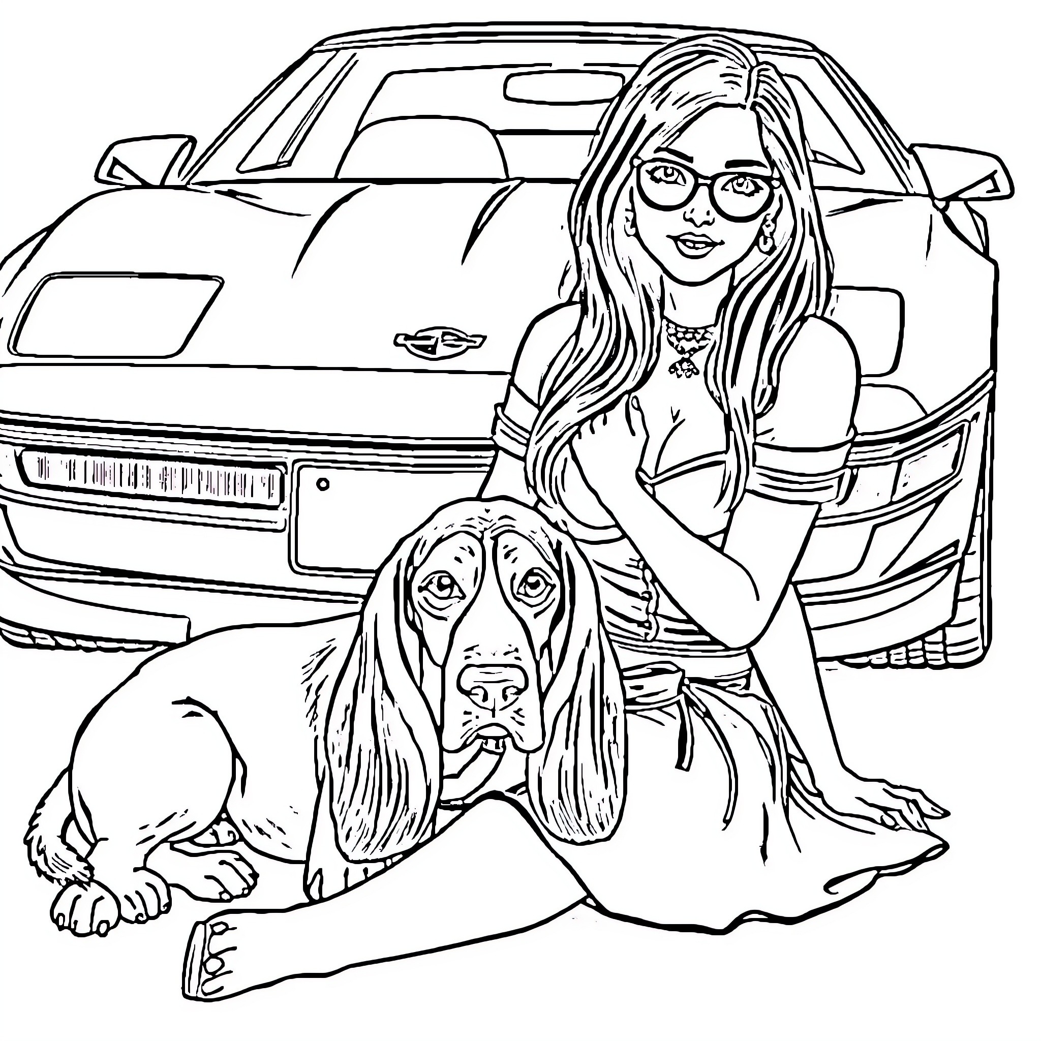 Girl with dog sitting in front of car Coloring Page (free black-and-white line drawing printable PDF for all, from beginners to advanced learners, including children, teens, adults, and seniors)