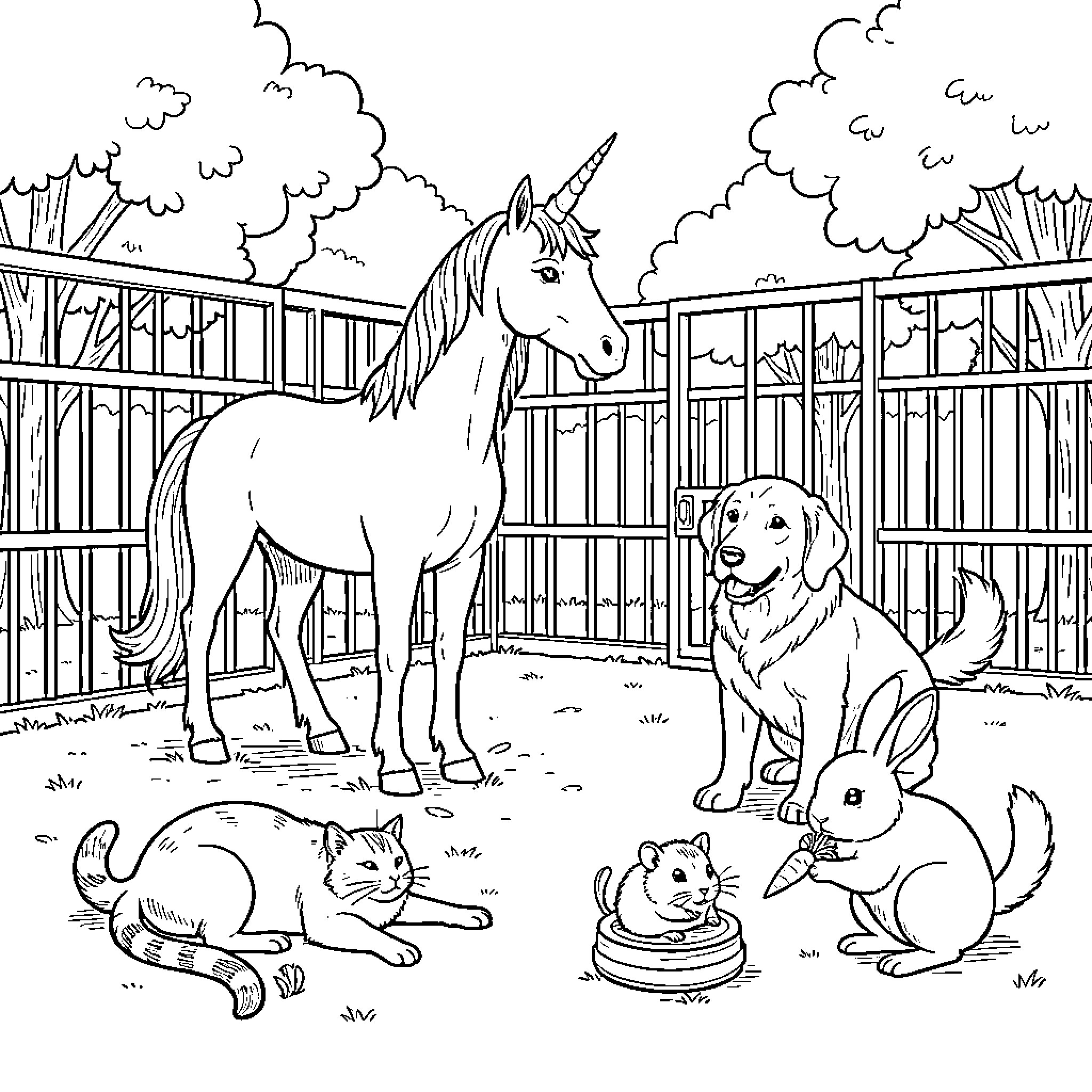 Unicorn standing peacefully with a group of friendly animals Coloring Page (free black-and-white line drawing printable PDF for all, from beginners to advanced learners, including children, teens, adults, and seniors)