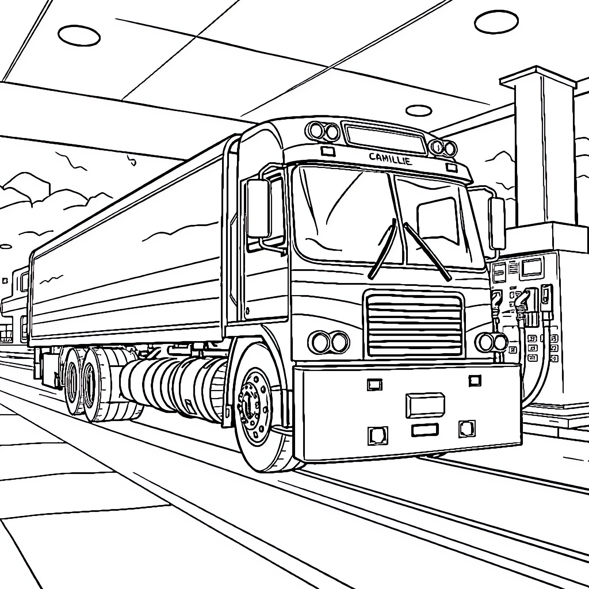 Camion transporting goods on the highway Coloring Page (free black-and-white line drawing printable PDF for all, from beginners to advanced learners, including children, teens, adults, and seniors)