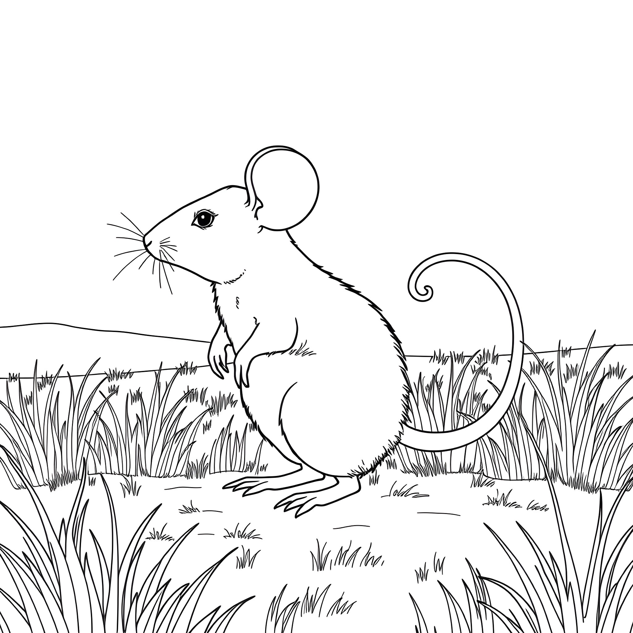Mouse exploring the grassy field Coloring Page (free black-and-white line drawing printable PDF for all, from beginners to advanced learners, including children, teens, adults, and seniors)