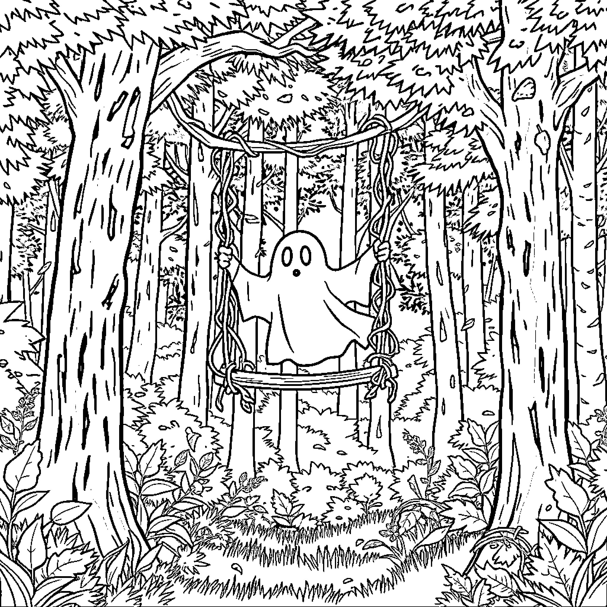 Ghost Swinging in the Haunted Forest Coloring Page (free black-and-white line drawing printable PDF for all, from beginners to advanced learners, including children, teens, adults, and seniors)