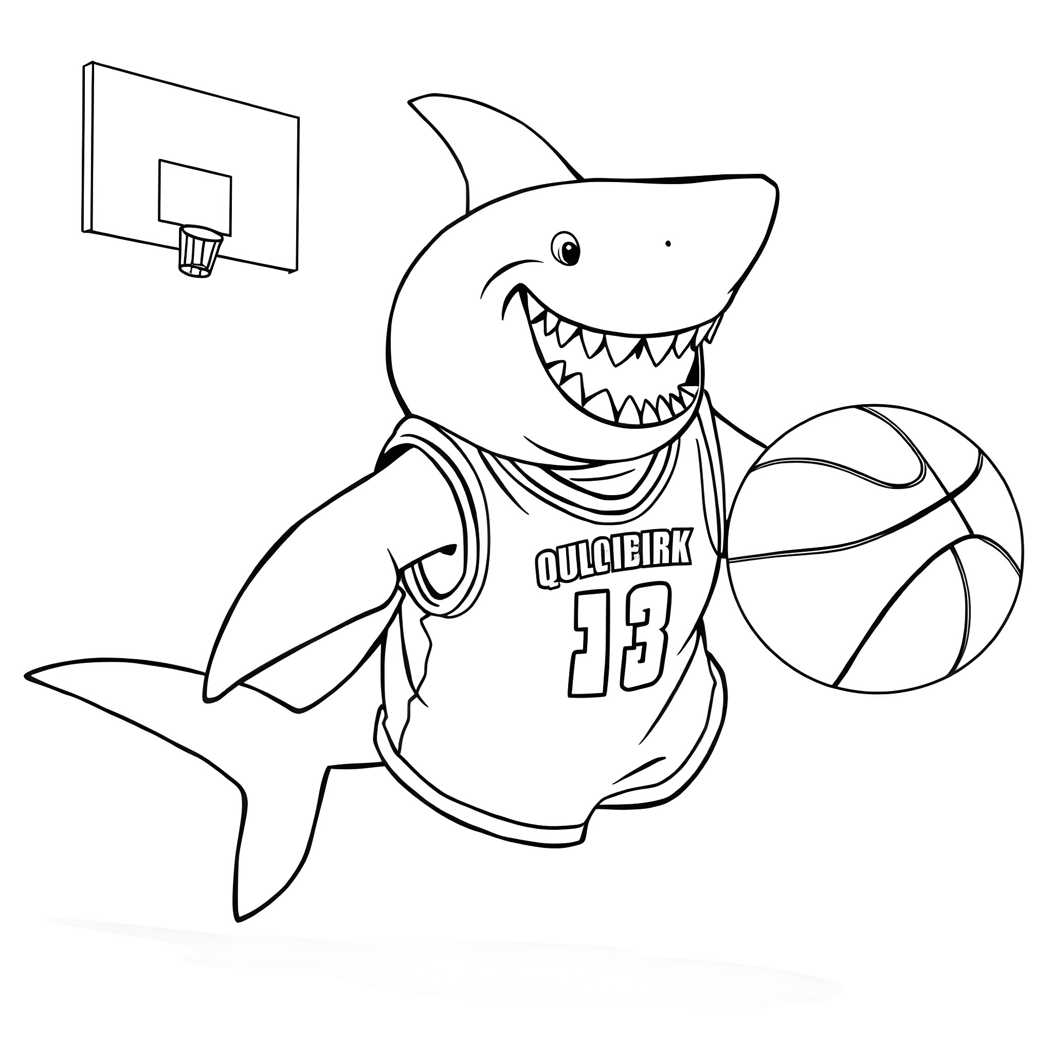 Shark playing basketball happily in uniform Coloring Page (free black-and-white line drawing printable PDF for all, from beginners to advanced learners, including children, teens, adults, and seniors)