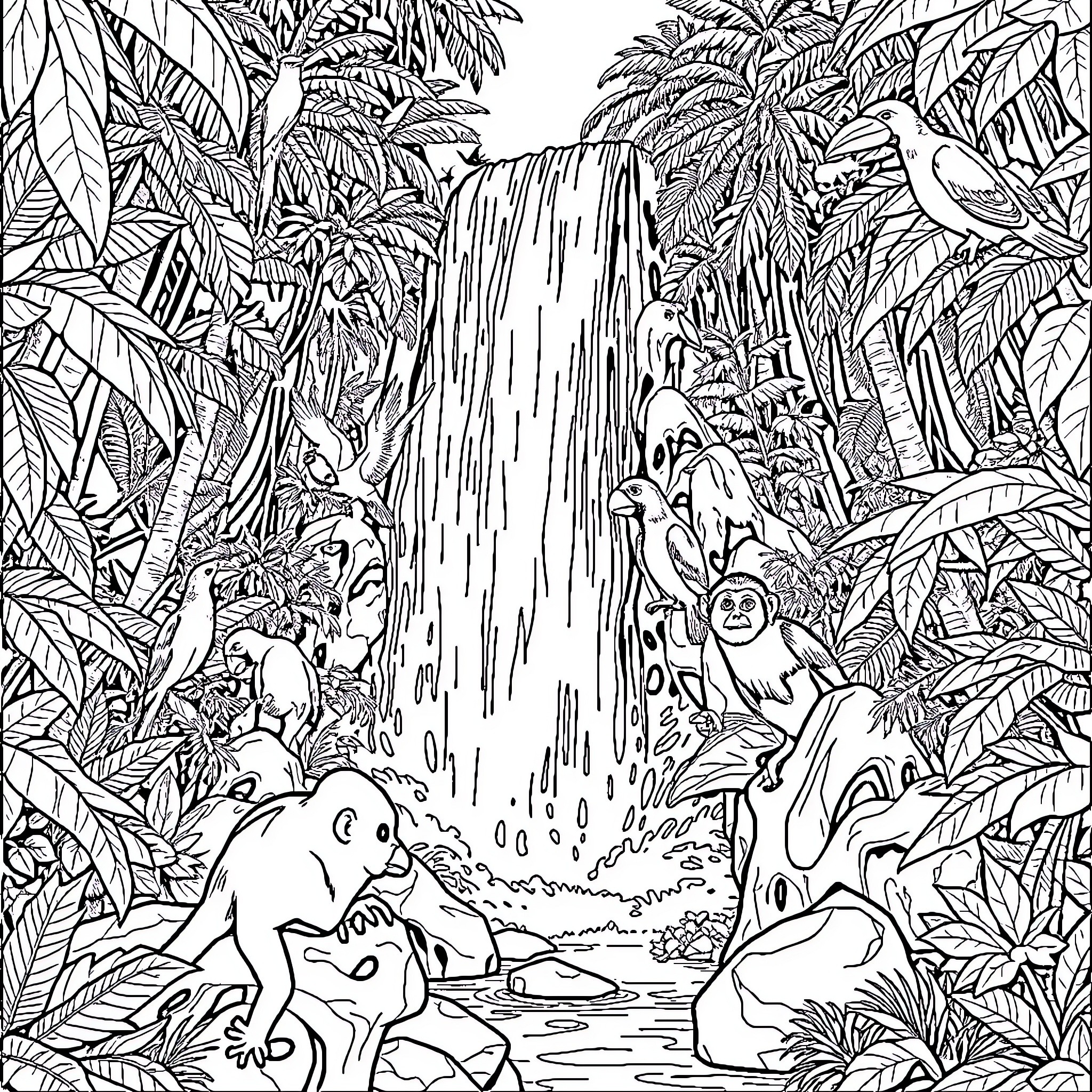 Waterfall surrounded by lush tropical foliage Coloring Page (free black-and-white line drawing printable PDF for all, from beginners to advanced learners, including children, teens, adults, and seniors)