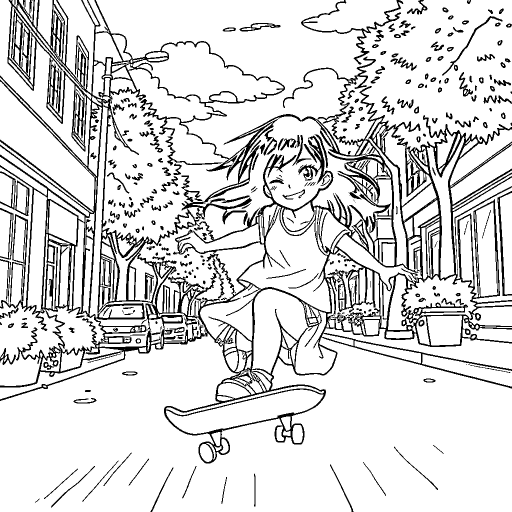 Kuromi skateboarding through the city streets Coloring Page (free black-and-white line drawing printable PDF for all, from beginners to advanced learners, including children, teens, adults, and seniors)