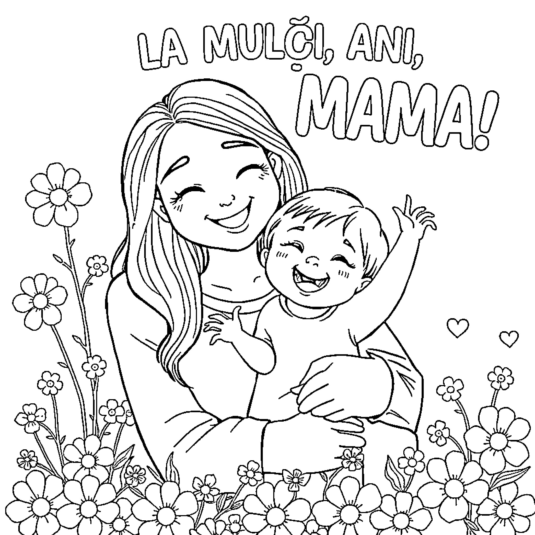 Mother and Child's Joyous Embrace Coloring Page (free black-and-white line drawing printable PDF for all, from beginners to advanced learners, including children, teens, adults, and seniors)
