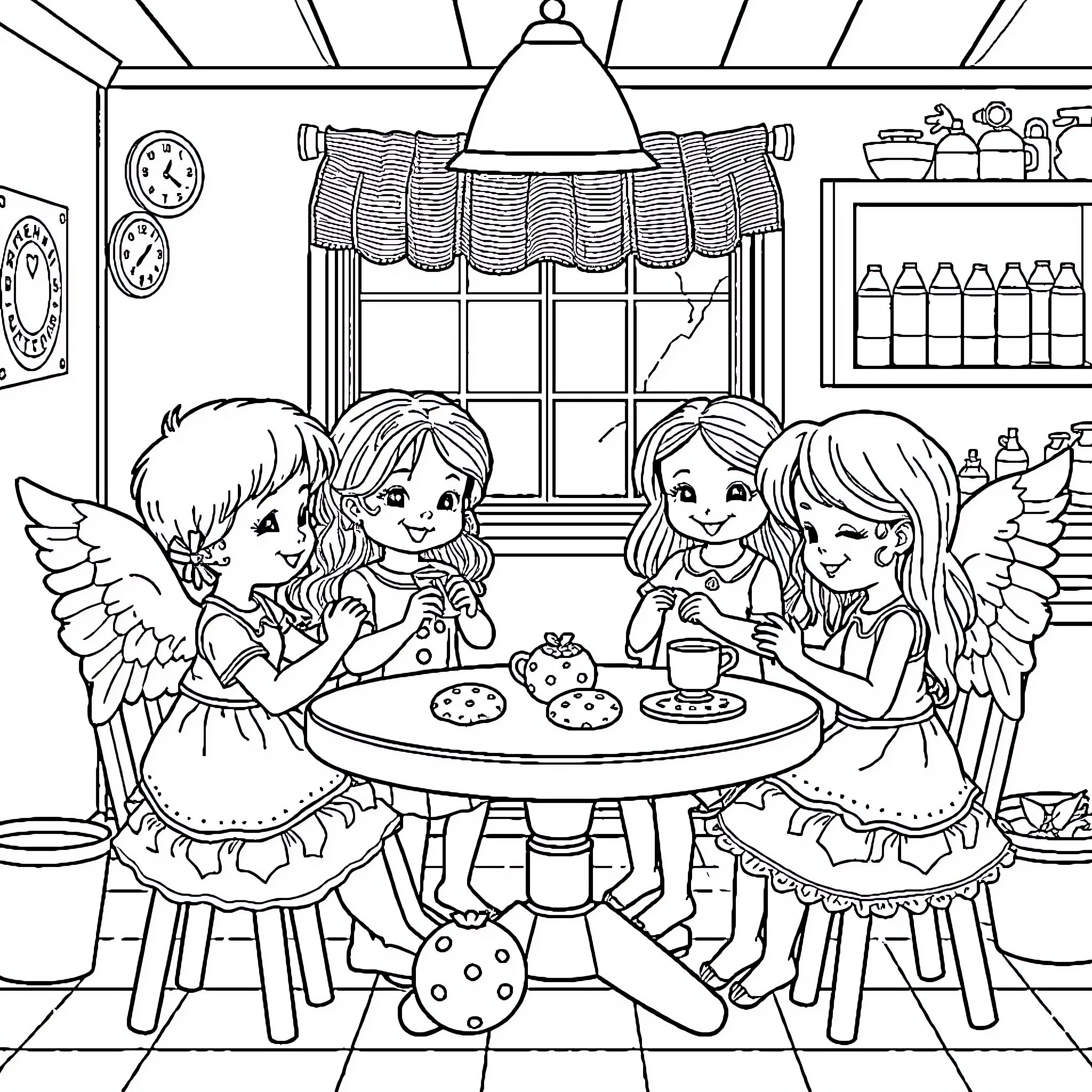 Doll Friends Enjoying a Cozy Tea Party Coloring Page (free black-and-white line drawing printable PDF for all, from beginners to advanced learners, including children, teens, adults, and seniors)