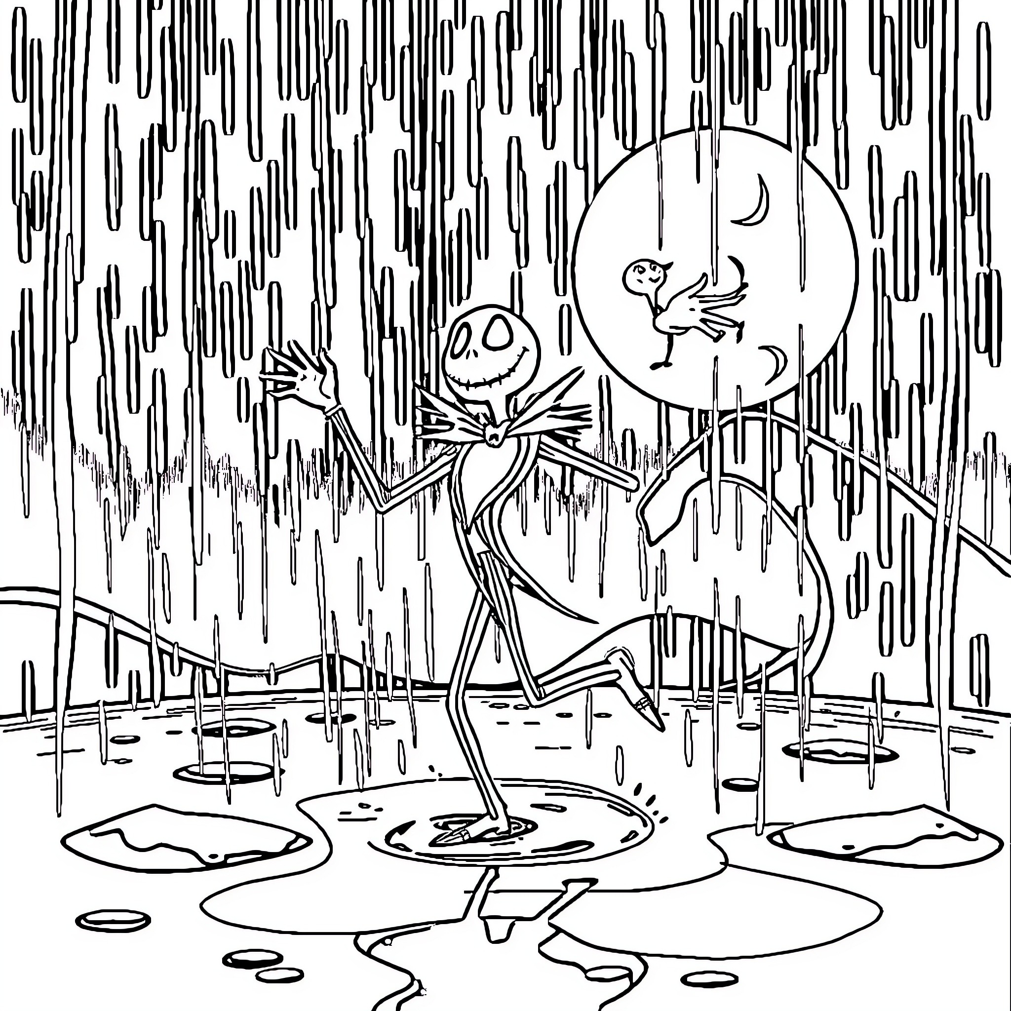 Jack Skellington in a Rainy Nightmare Before Christmas Scene Coloring Page (free black-and-white line drawing printable PDF for all, from beginners to advanced learners, including children, teens, adults, and seniors)