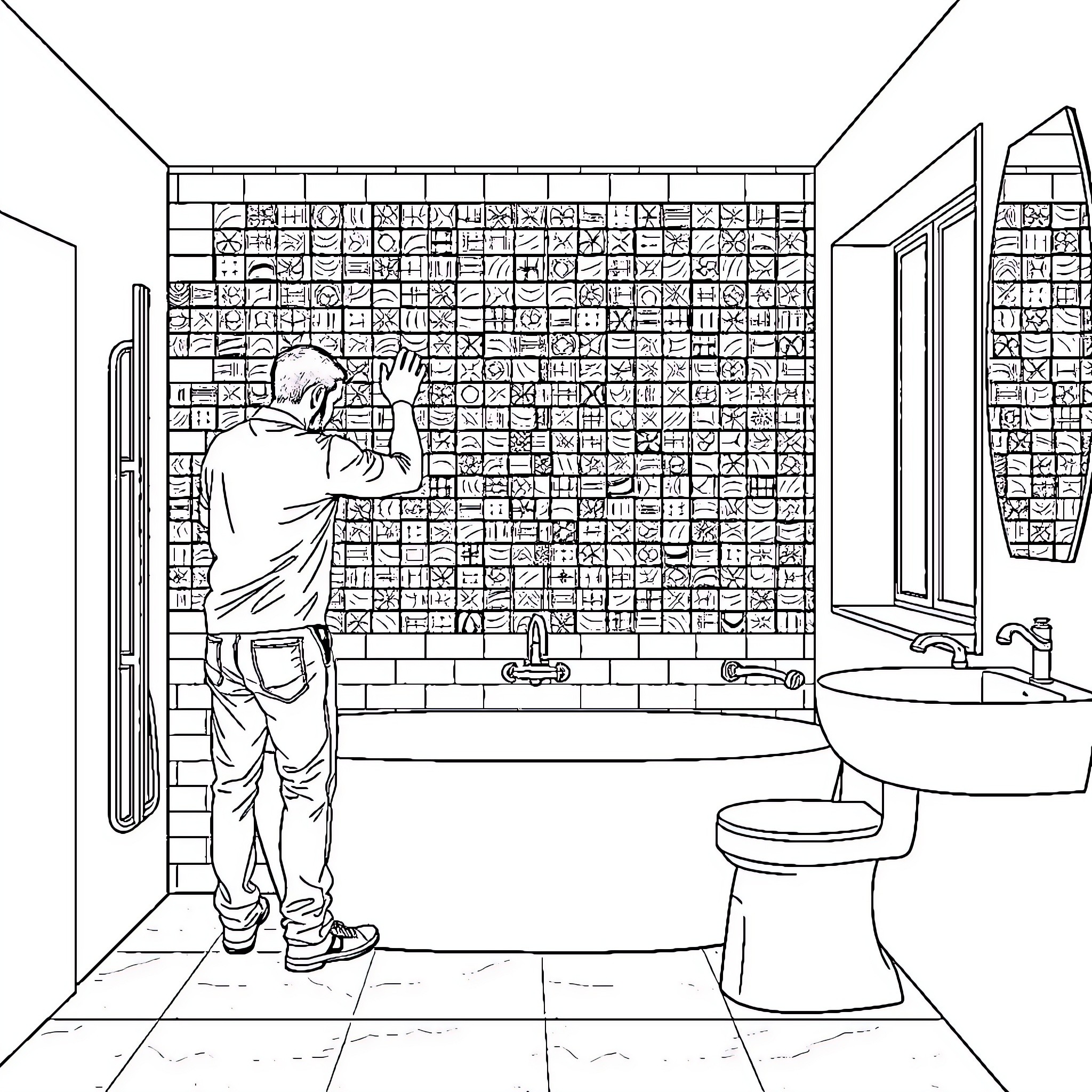 Man repairing tiled bathroom wall Coloring Page (free black-and-white line drawing printable PDF for all, from beginners to advanced learners, including children, teens, adults, and seniors)