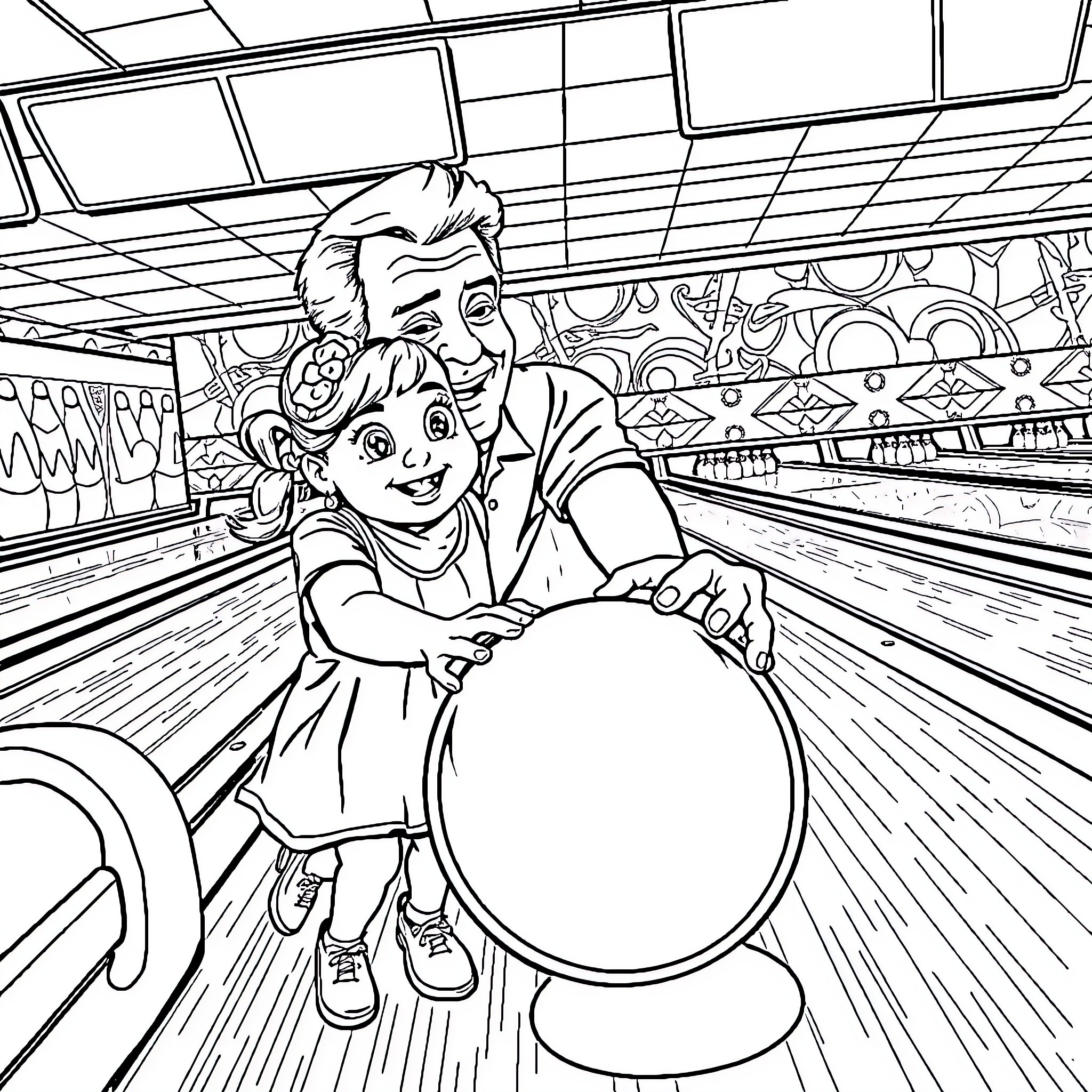 Grandpa Bonding with Grandchild at Bowling Alley Coloring Page (free black-and-white line drawing printable PDF for all, from beginners to advanced learners, including children, teens, adults, and seniors)