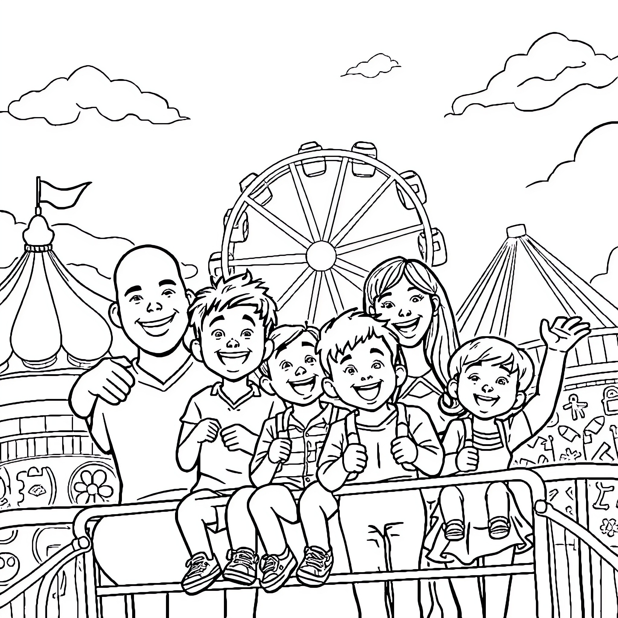 Family enjoying a day at the carnival Coloring Page (free black-and-white line drawing printable PDF for all, from beginners to advanced learners, including children, teens, adults, and seniors)