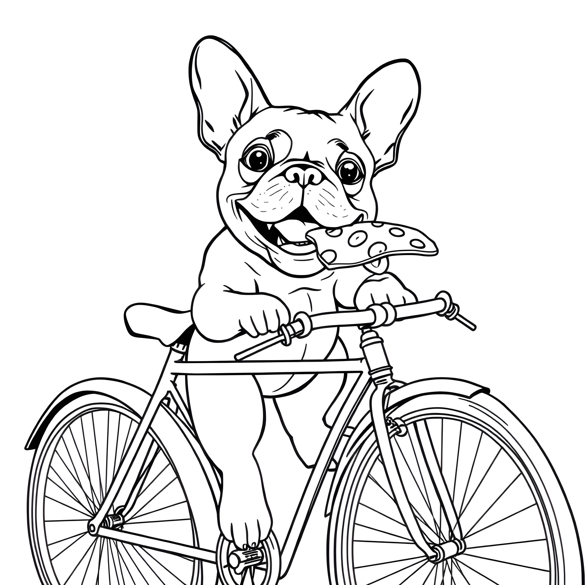 French Bulldog riding a bicycle happily Coloring Page (free black-and-white line drawing printable PDF for all, from beginners to advanced learners, including children, teens, adults, and seniors)