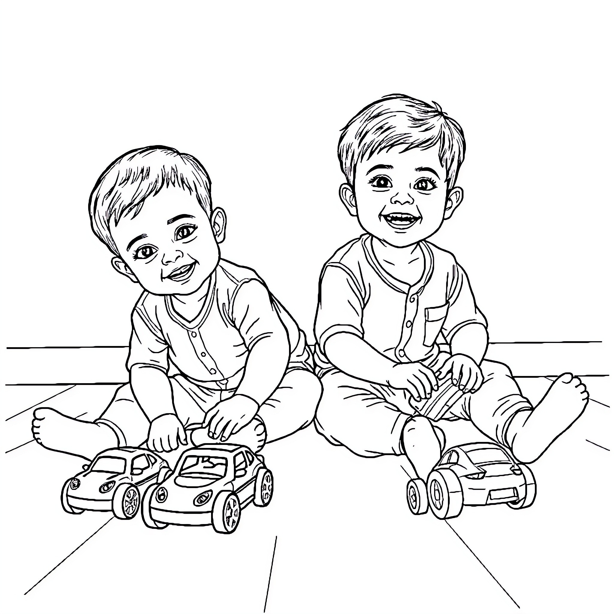 Boys playing happily with toy cars Coloring Page (free black-and-white line drawing printable PDF for all, from beginners to advanced learners, including children, teens, adults, and seniors)