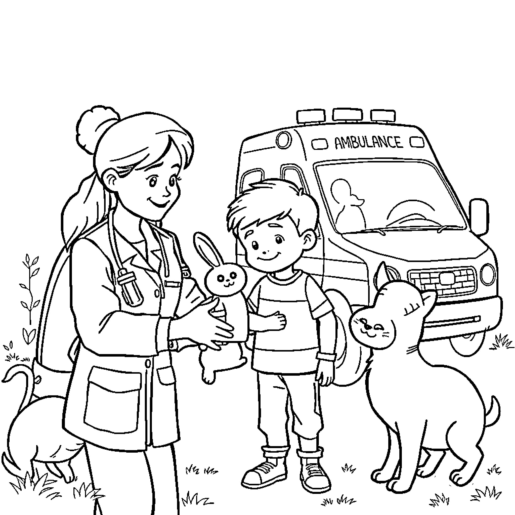 Rescue Team Helping Children in Emergency Situation Coloring Page (free black-and-white line drawing printable PDF for all, from beginners to advanced learners, including children, teens, adults, and seniors)