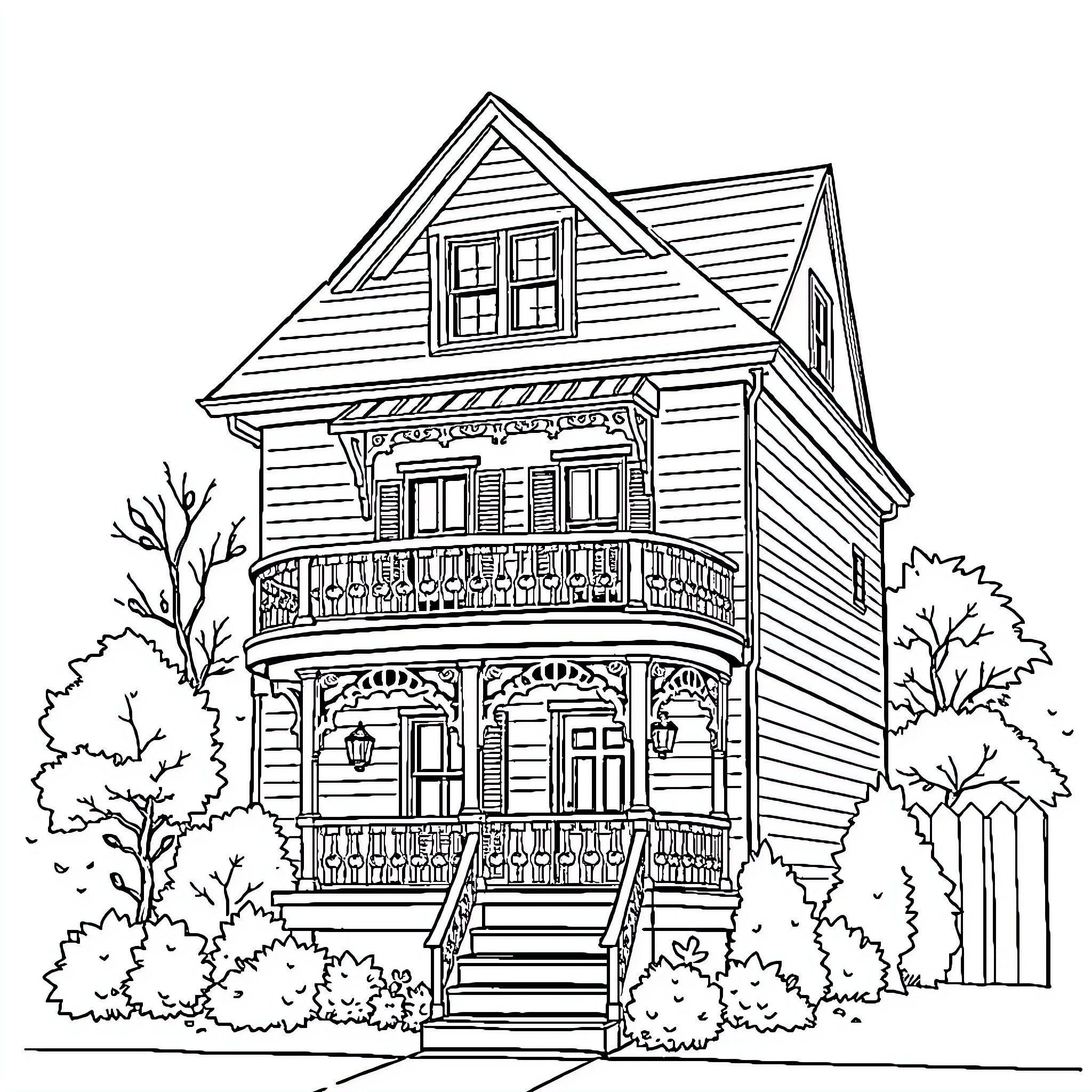 House with Ornate Porch and Balcony Coloring Page (free black-and-white line drawing printable PDF for all, from beginners to advanced learners, including children, teens, adults, and seniors)
