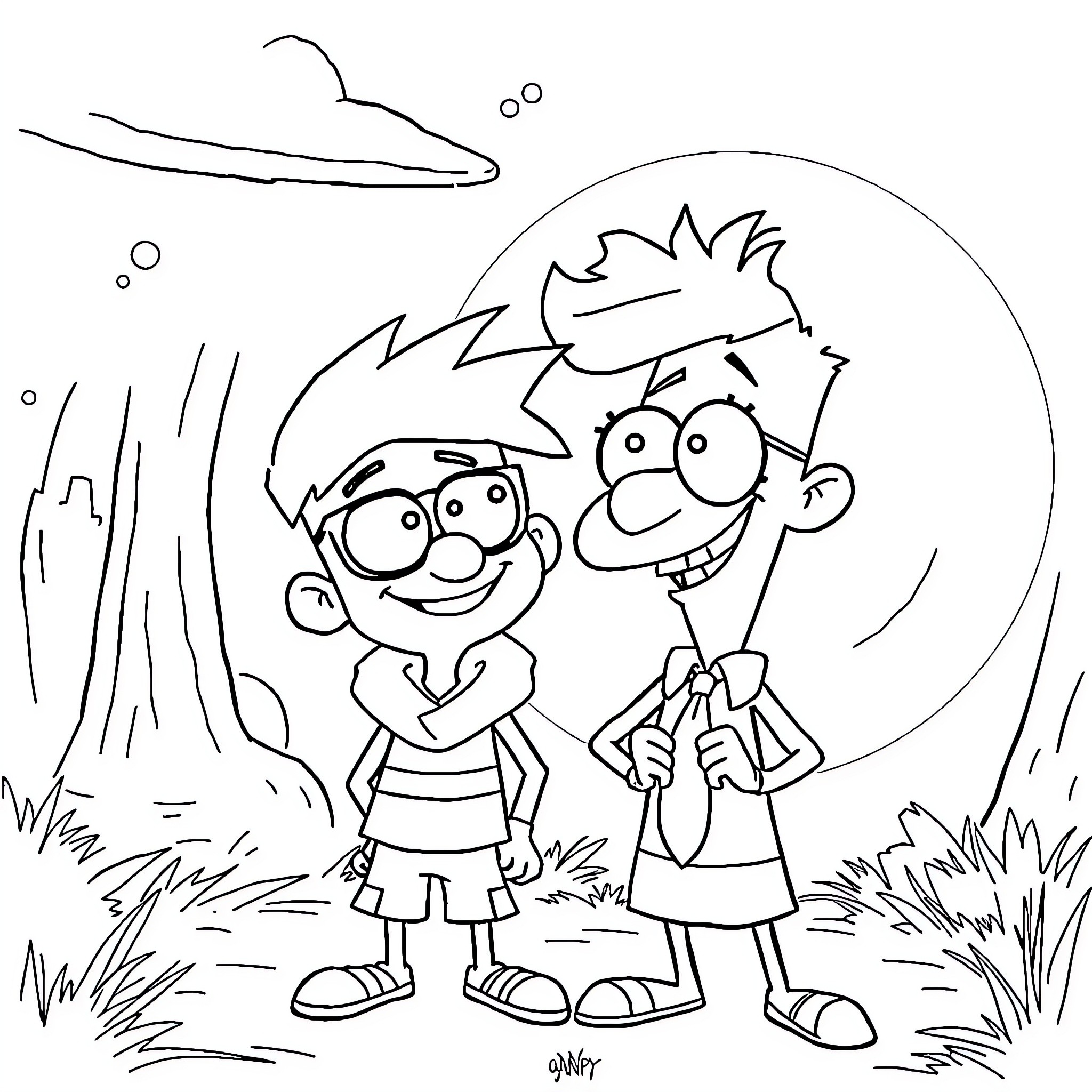 Phineas and Ferb Exploring the Outdoors Coloring Page (free black-and-white line drawing printable PDF for all, from beginners to advanced learners, including children, teens, adults, and seniors)