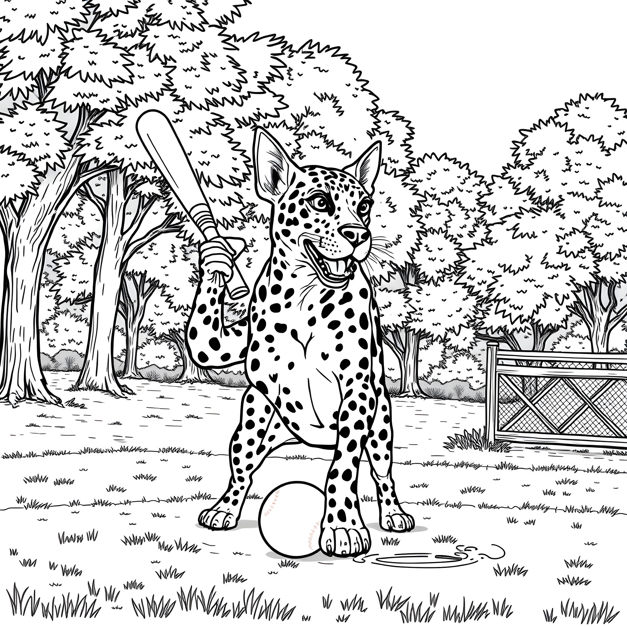 Catahoula Leopard Dog Exploring the Lush Forest Coloring Page (free black-and-white line drawing printable PDF for all, from beginners to advanced learners, including children, teens, adults, and seniors)