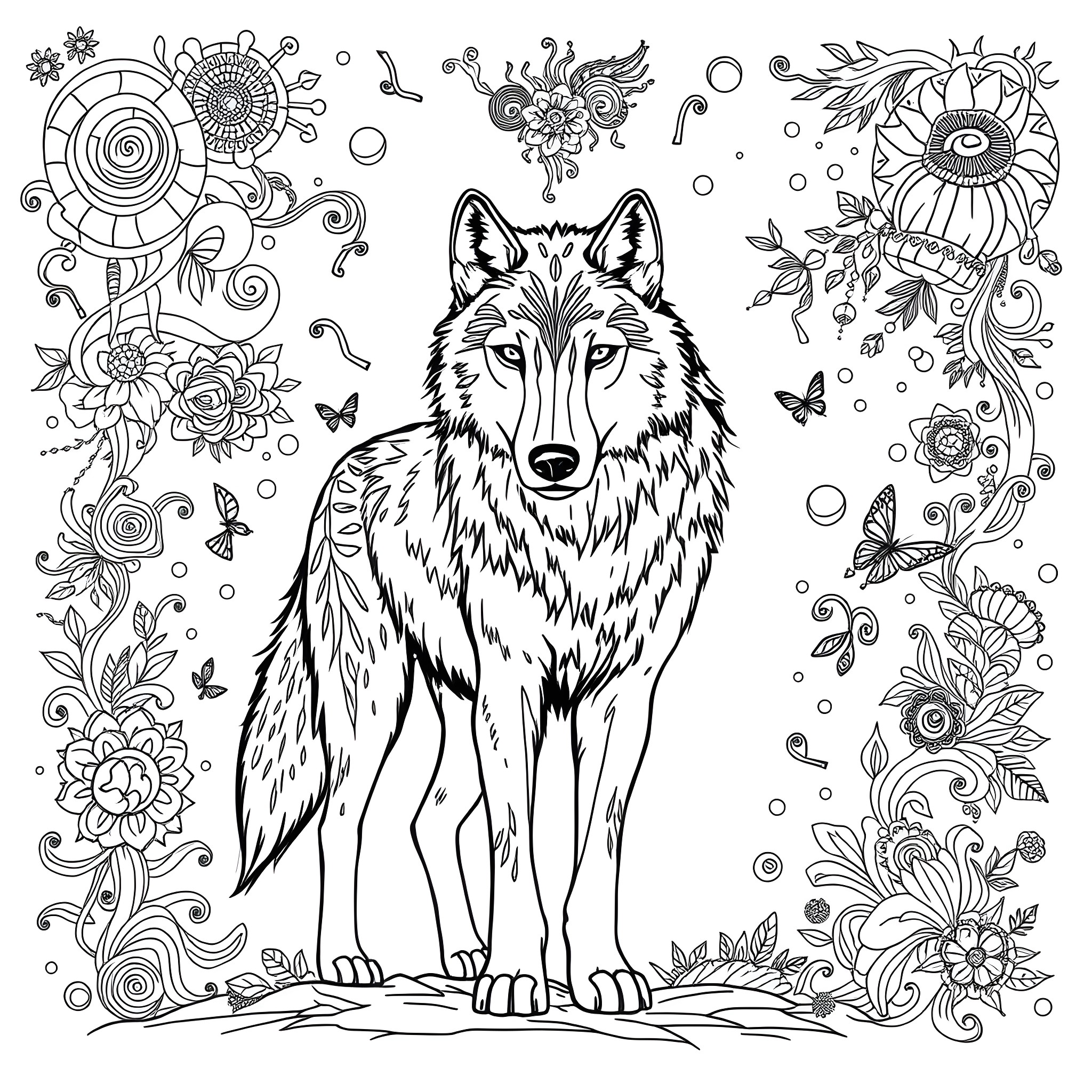Wolf in a Whimsical Floral Landscape Coloring Page (free black-and-white line drawing printable PDF for all, from beginners to advanced learners, including children, teens, adults, and seniors)