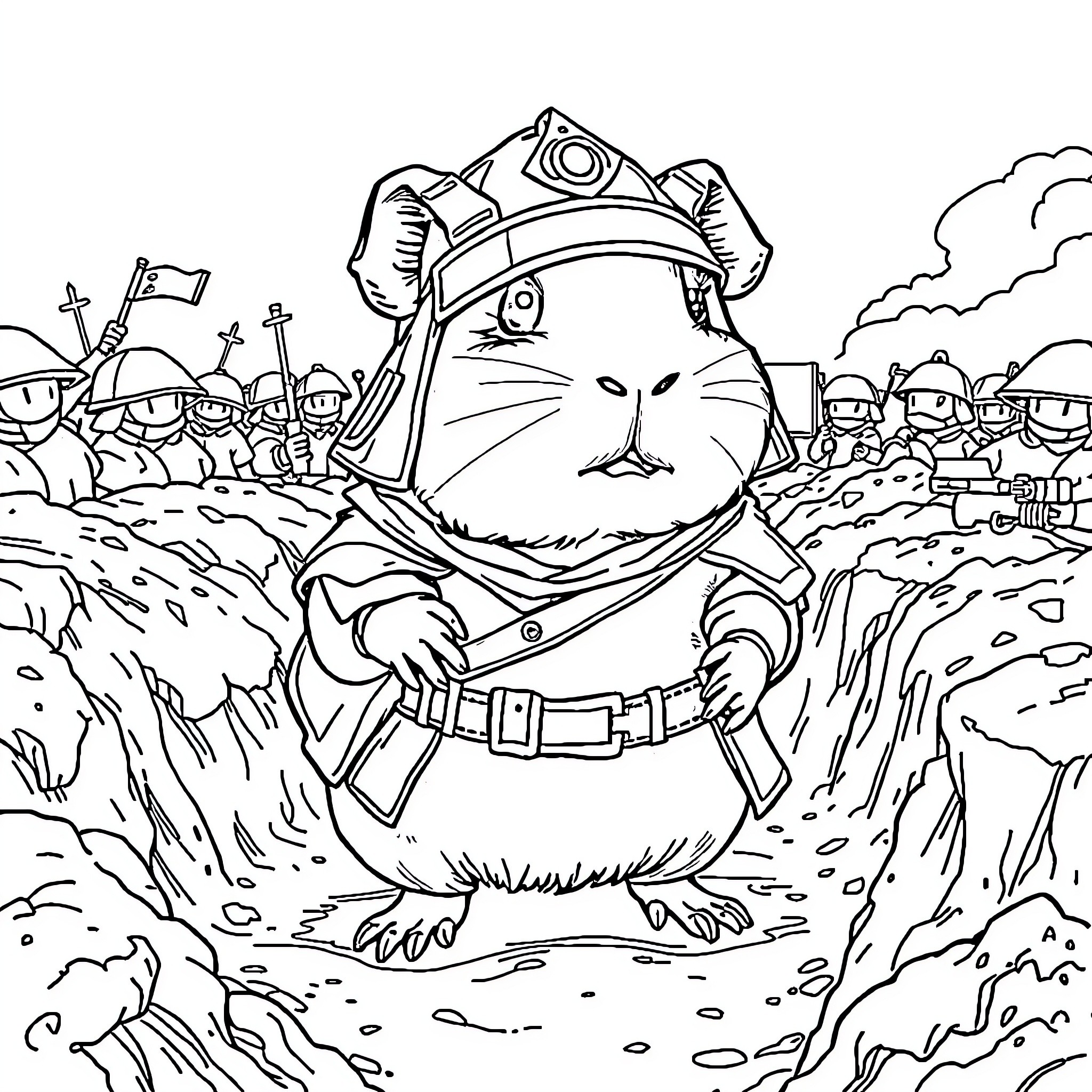 Guinea Pig Soldier Leading Troops into Battle Coloring Page (free black-and-white line drawing printable PDF for all, from beginners to advanced learners, including children, teens, adults, and seniors)