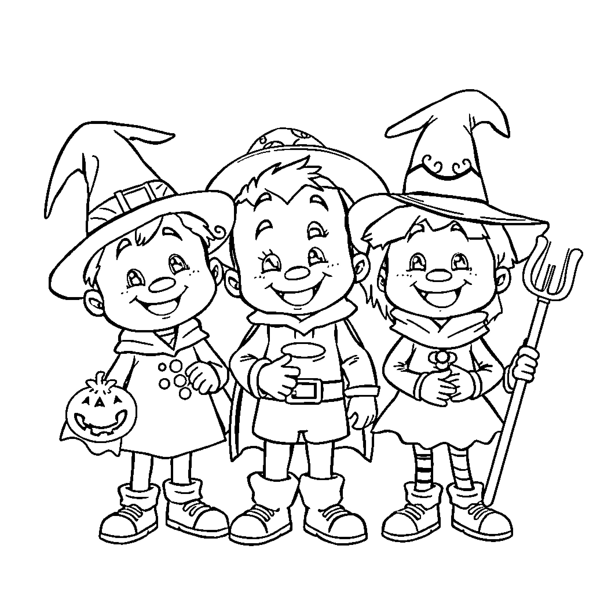 Bluey and friends in Halloween costumes Coloring Page (free black-and-white line drawing printable PDF for all, from beginners to advanced learners, including children, teens, adults, and seniors)