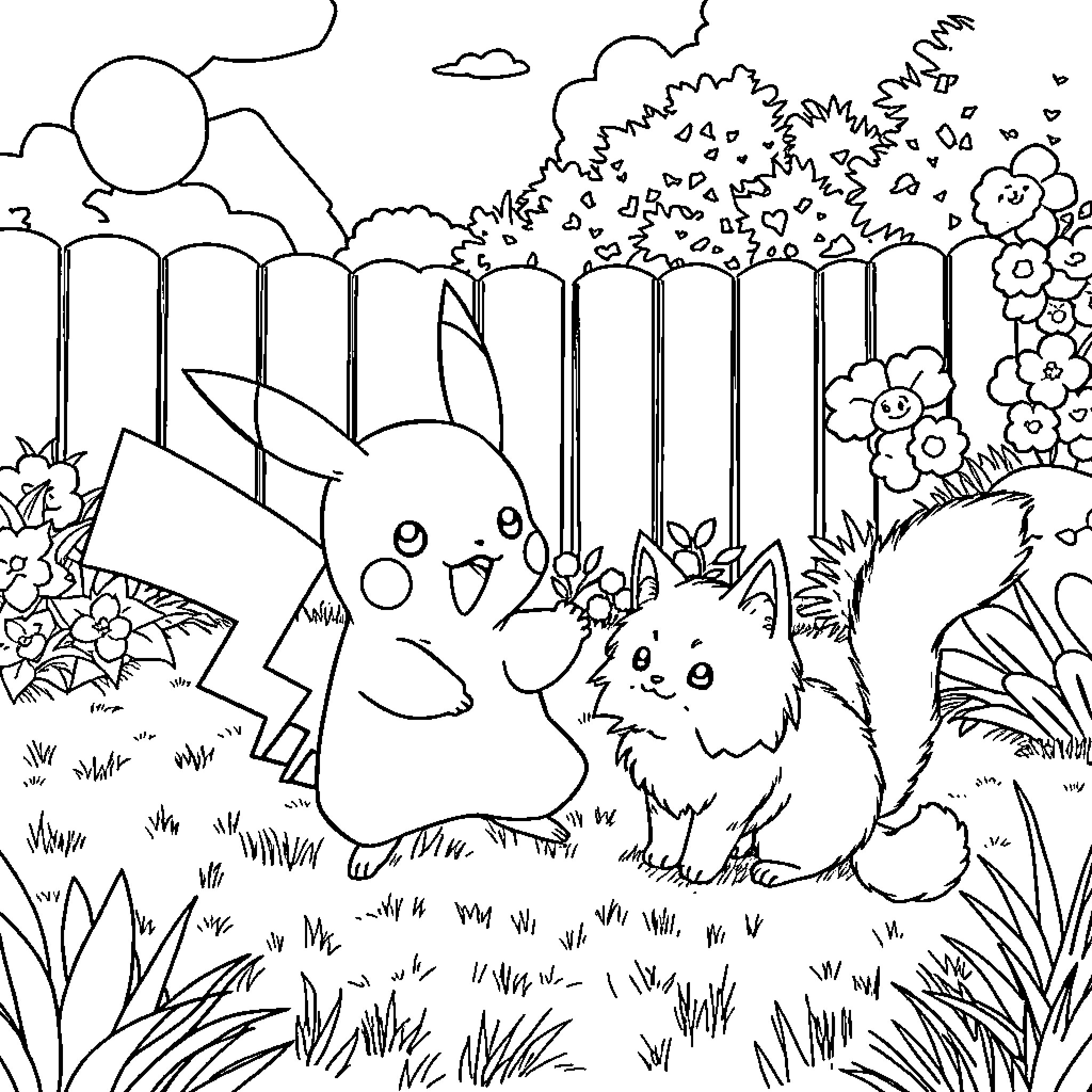 Pikachu and Pals Enjoy the Outdoors Coloring Page (free black-and-white line drawing printable PDF for all, from beginners to advanced learners, including children, teens, adults, and seniors)