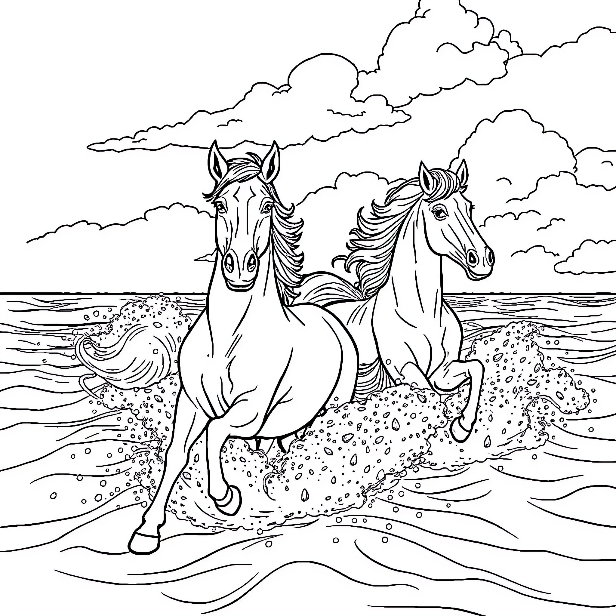 Caballo Stampeding Across the Beach Coloring Page (free black-and-white line drawing printable PDF for all, from beginners to advanced learners, including children, teens, adults, and seniors)