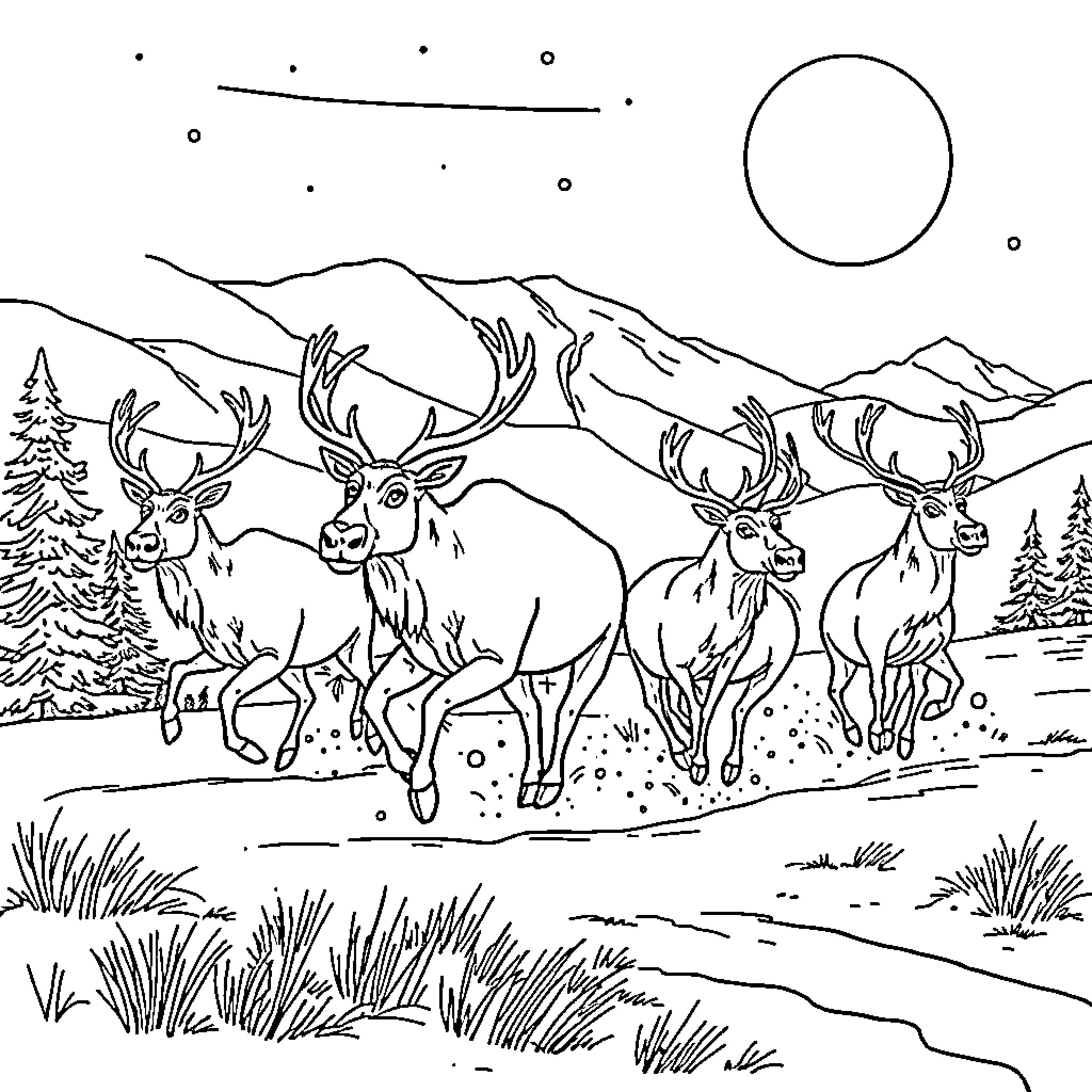 Caribou in a Wintry Landscape Coloring Page (free black-and-white line drawing printable PDF for all, from beginners to advanced learners, including children, teens, adults, and seniors)