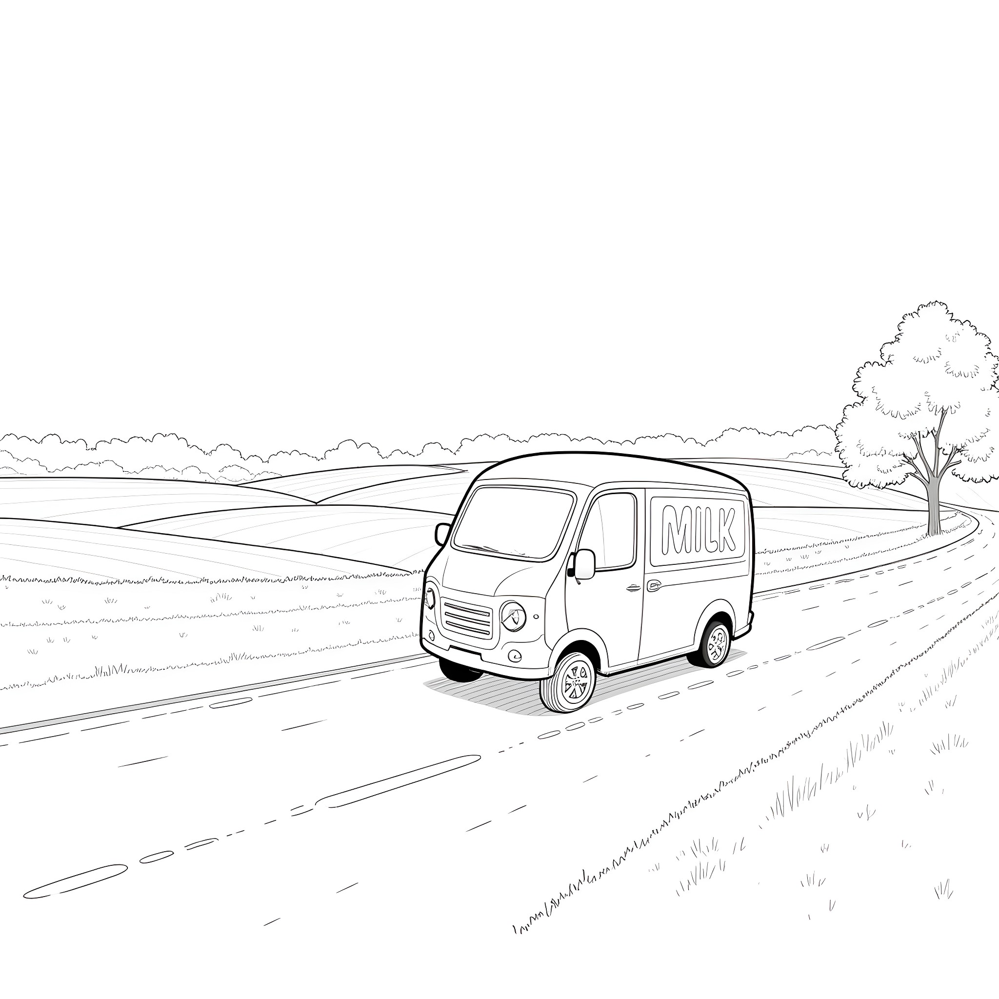 Milk Van Delivering Dairy Products on Country Road Coloring Page (free black-and-white line drawing printable PDF for all, from beginners to advanced learners, including children, teens, adults, and seniors)