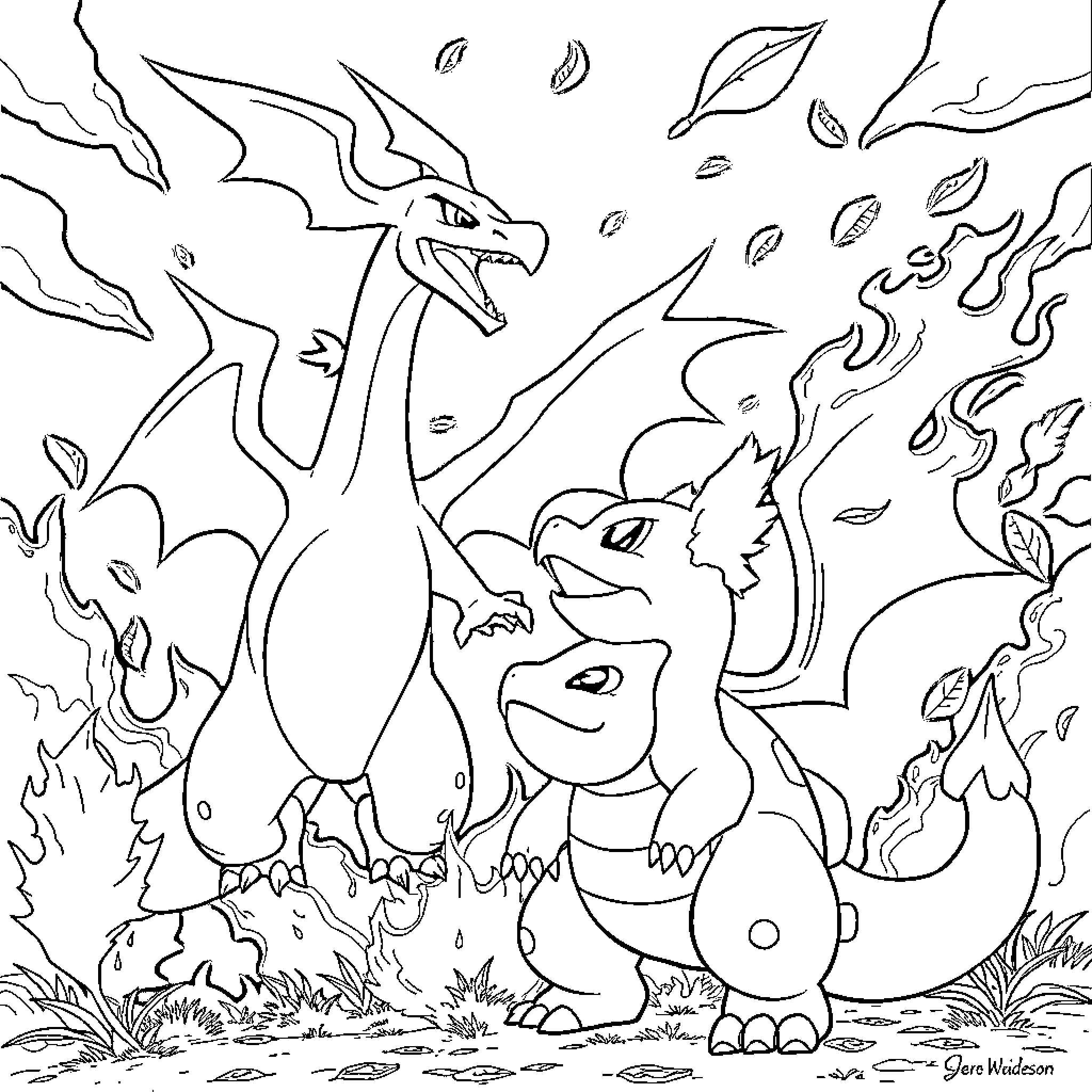 Pokémon Characters in an Adventurous Scene Coloring Page (free black-and-white line drawing printable PDF for all, from beginners to advanced learners, including children, teens, adults, and seniors)