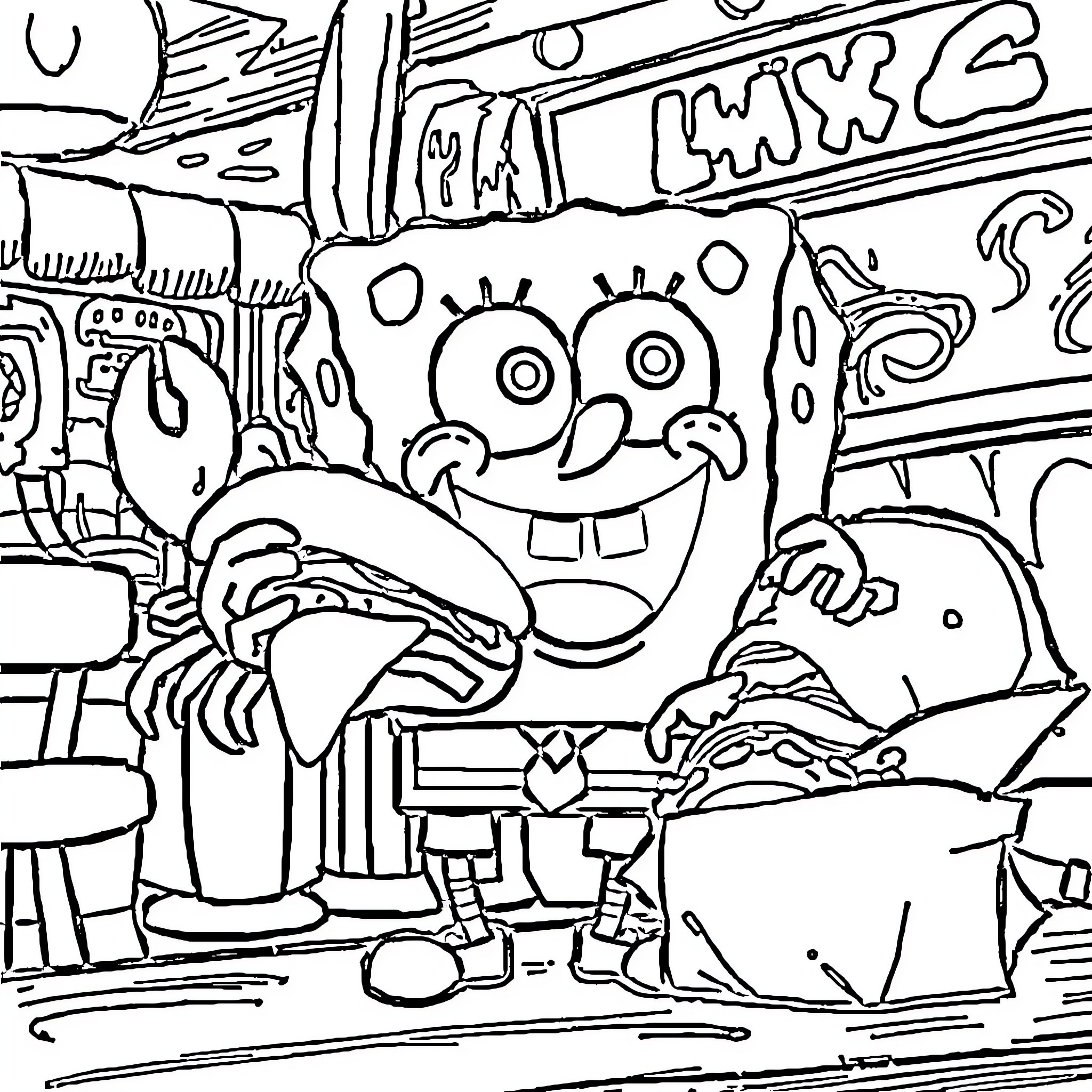 Spongebob's Wacky Adventures in Bikini Bottom Coloring Page (free black-and-white line drawing printable PDF for all, from beginners to advanced learners, including children, teens, adults, and seniors)