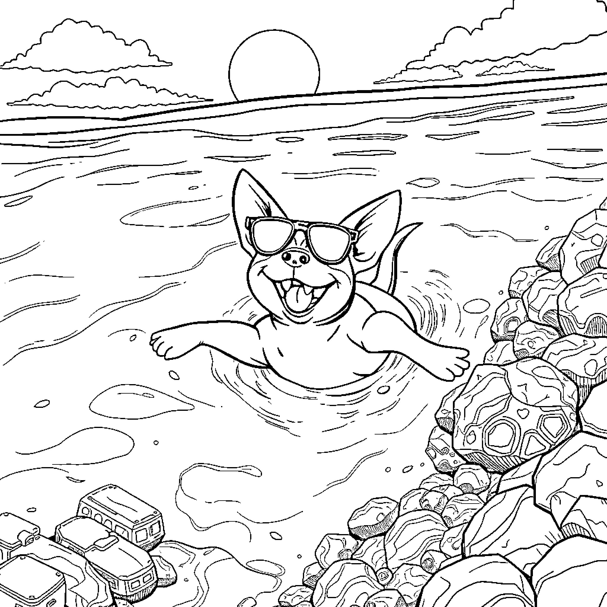 Huntrix's Aquatic Adventure Coloring Page (free black-and-white line drawing printable PDF for all, from beginners to advanced learners, including children, teens, adults, and seniors)