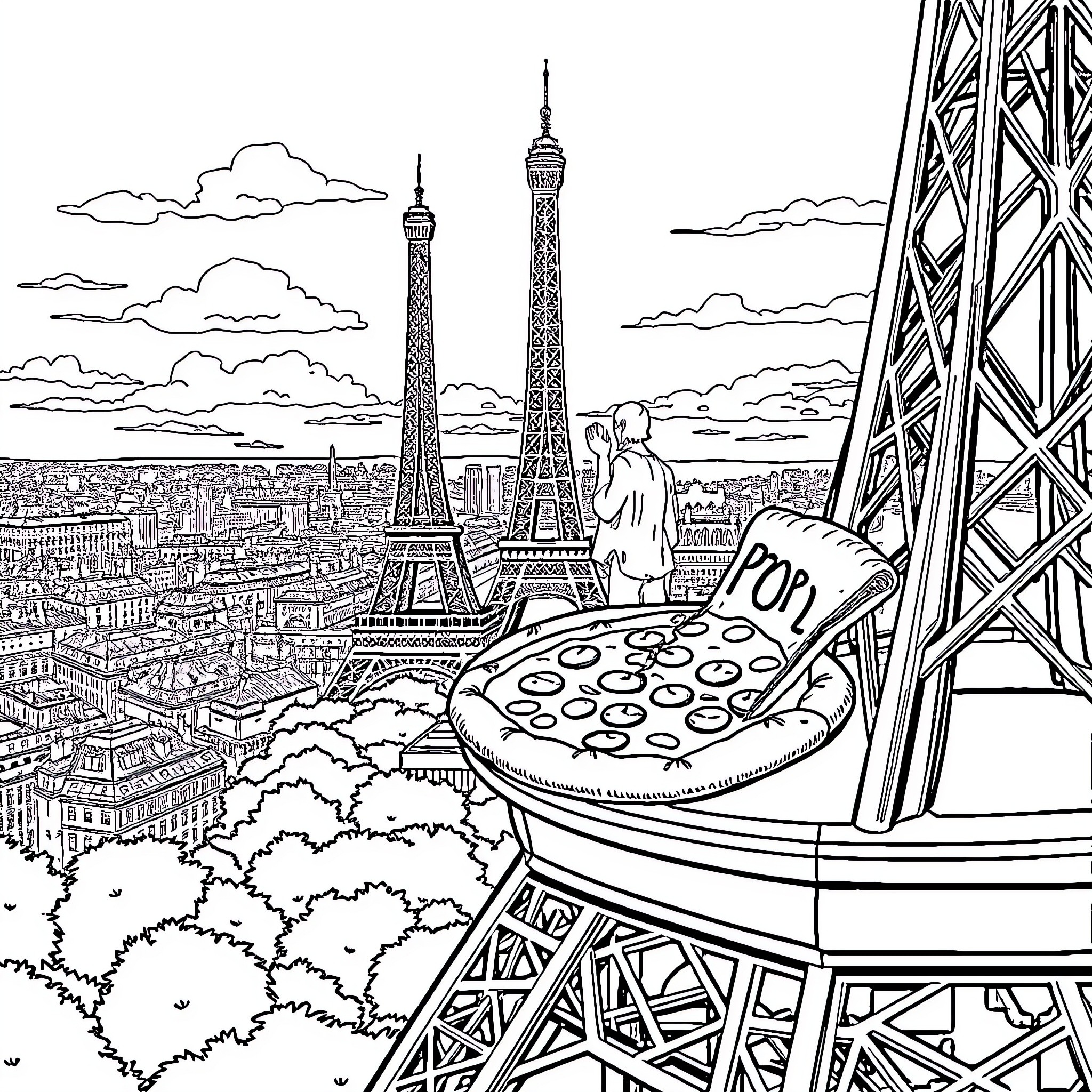 Pizza with a View of the Eiffel Tower Coloring Page (free black-and-white line drawing printable PDF for all, from beginners to advanced learners, including children, teens, adults, and seniors)