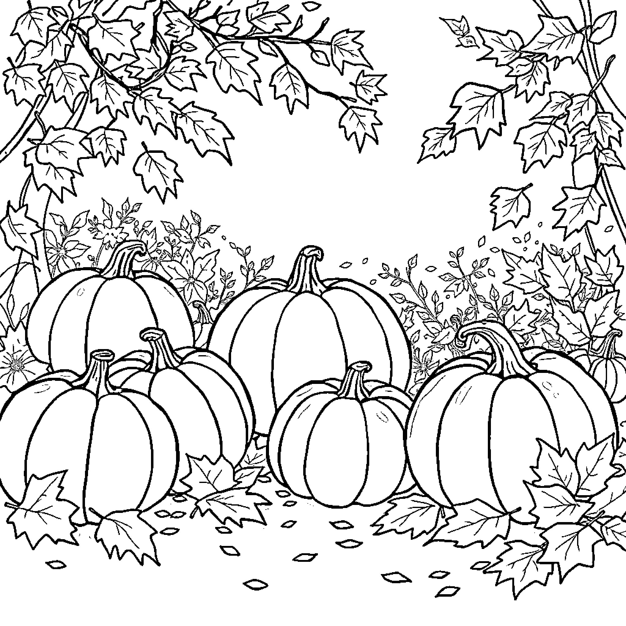Pumpkins surrounded by autumn leaves Coloring Page (free black-and-white line drawing printable PDF for all, from beginners to advanced learners, including children, teens, adults, and seniors)