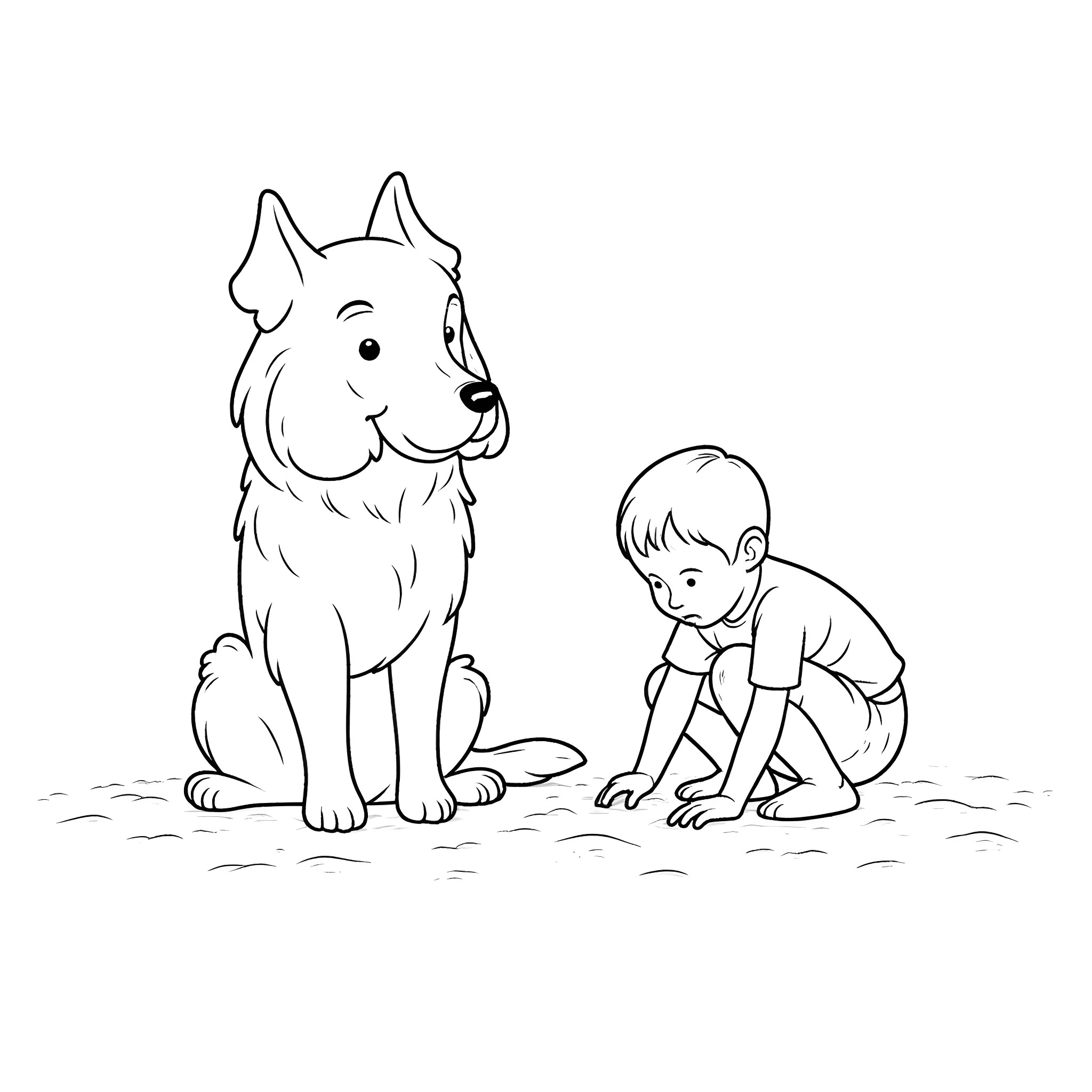 Bernese Mountain Dog and young child playing outdoors Coloring Page (free black-and-white line drawing printable PDF for all, from beginners to advanced learners, including children, teens, adults, and seniors)