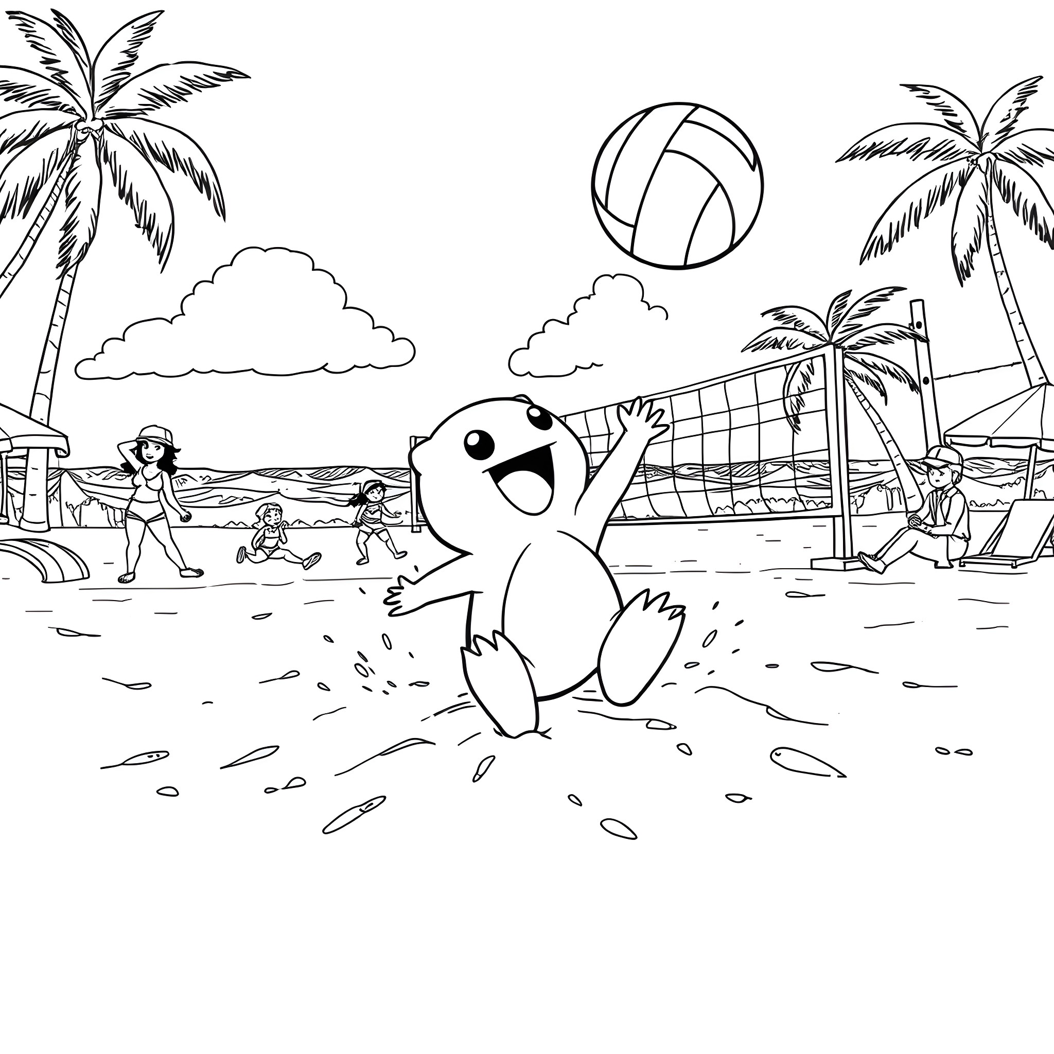 Diglett playing happily on the beach Coloring Page (free black-and-white line drawing printable PDF for all, from beginners to advanced learners, including children, teens, adults, and seniors)
