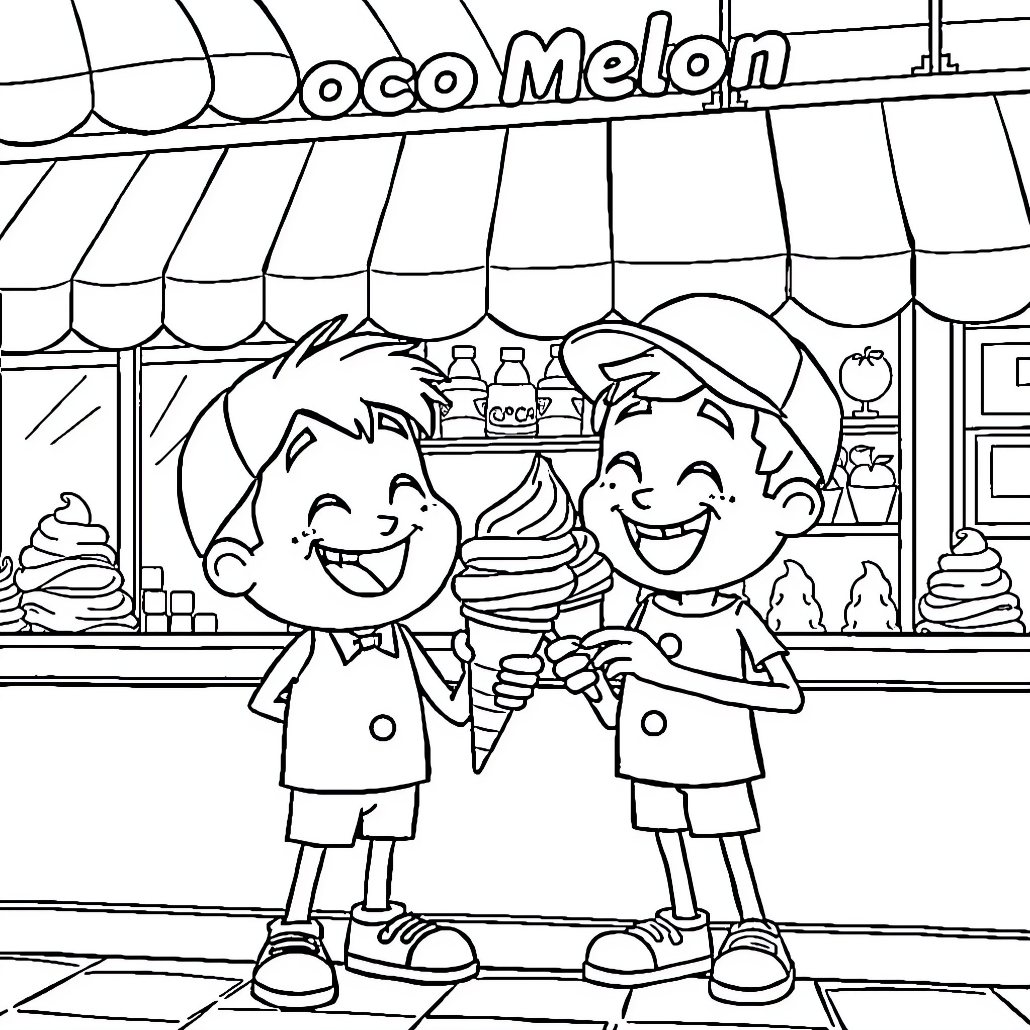 Coco Melon Kids Enjoying Ice Cream at Parlor Coloring Page (free black-and-white line drawing printable PDF for all, from beginners to advanced learners, including children, teens, adults, and seniors)