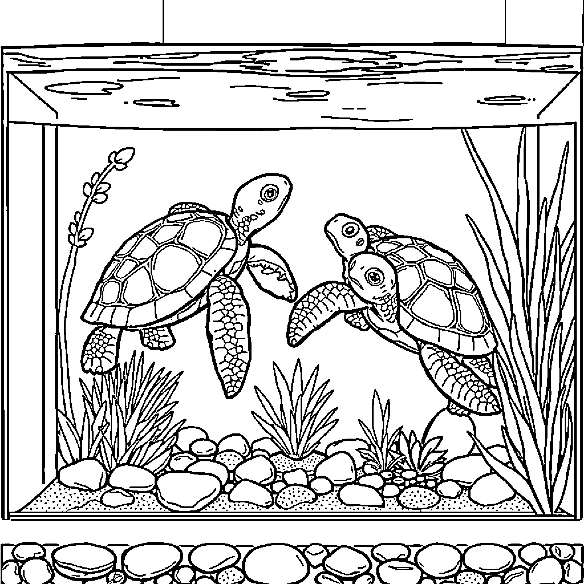 Turtle enjoying a peaceful day underwater Coloring Page (free black-and-white line drawing printable PDF for all, from beginners to advanced learners, including children, teens, adults, and seniors)