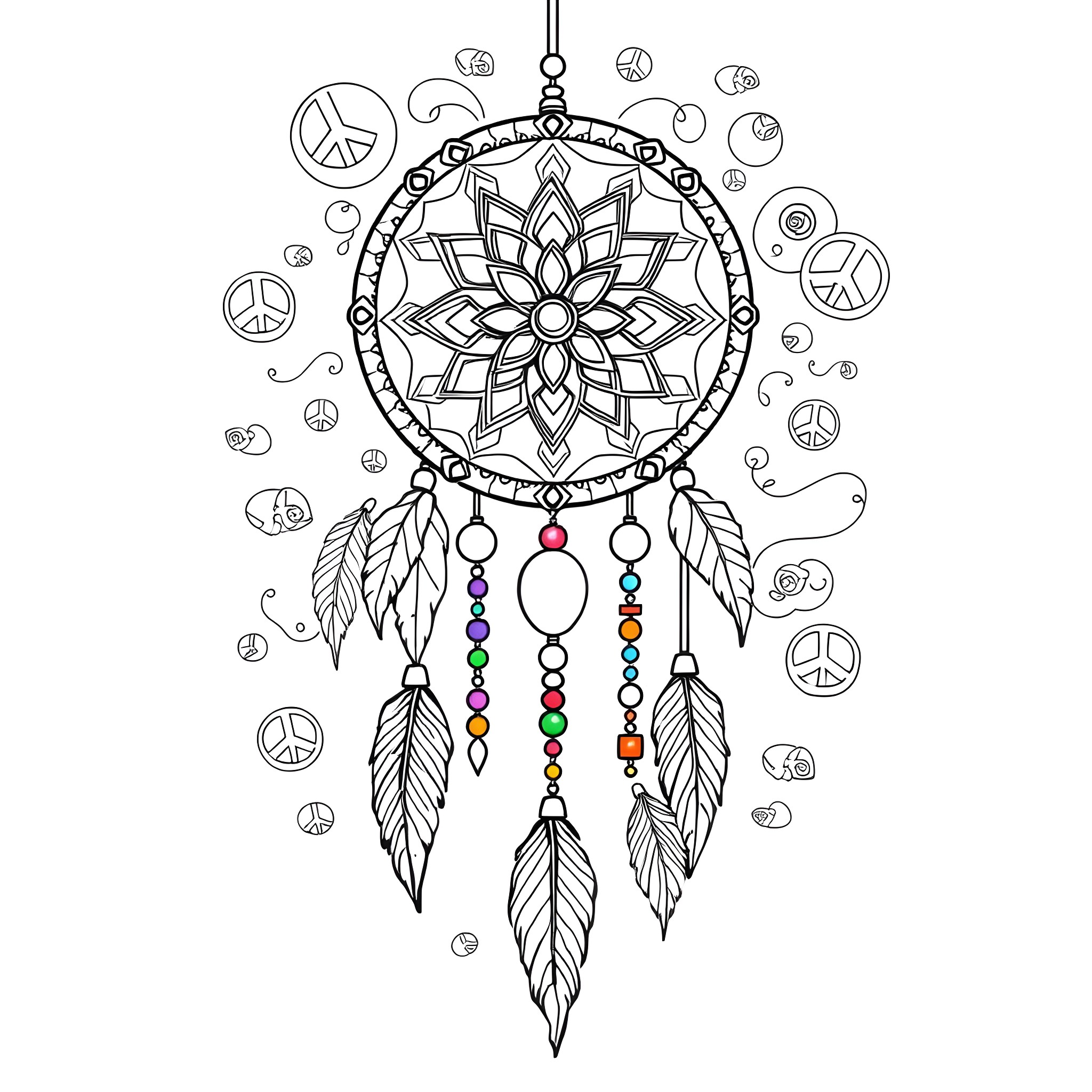 Dreamcatcher with intricate details and symbolic elements Coloring Page (free black-and-white line drawing printable PDF for all, from beginners to advanced learners, including children, teens, adults, and seniors)