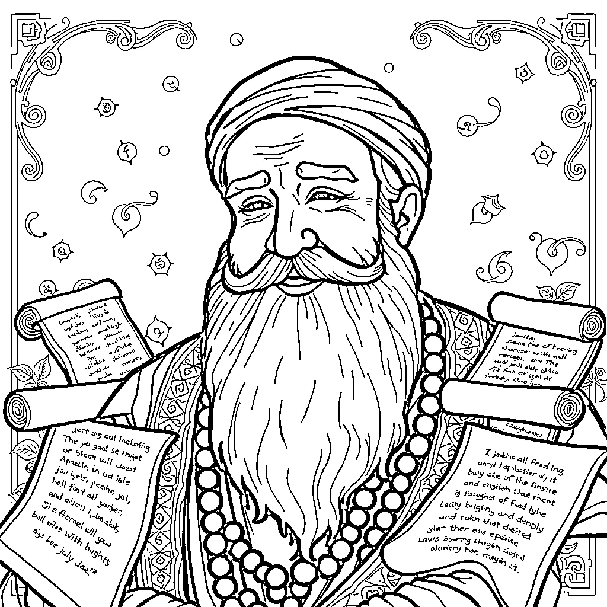 Rumi, the Wise Sage Immersed in Contemplation Coloring Page (free black-and-white line drawing printable PDF for all, from beginners to advanced learners, including children, teens, adults, and seniors)