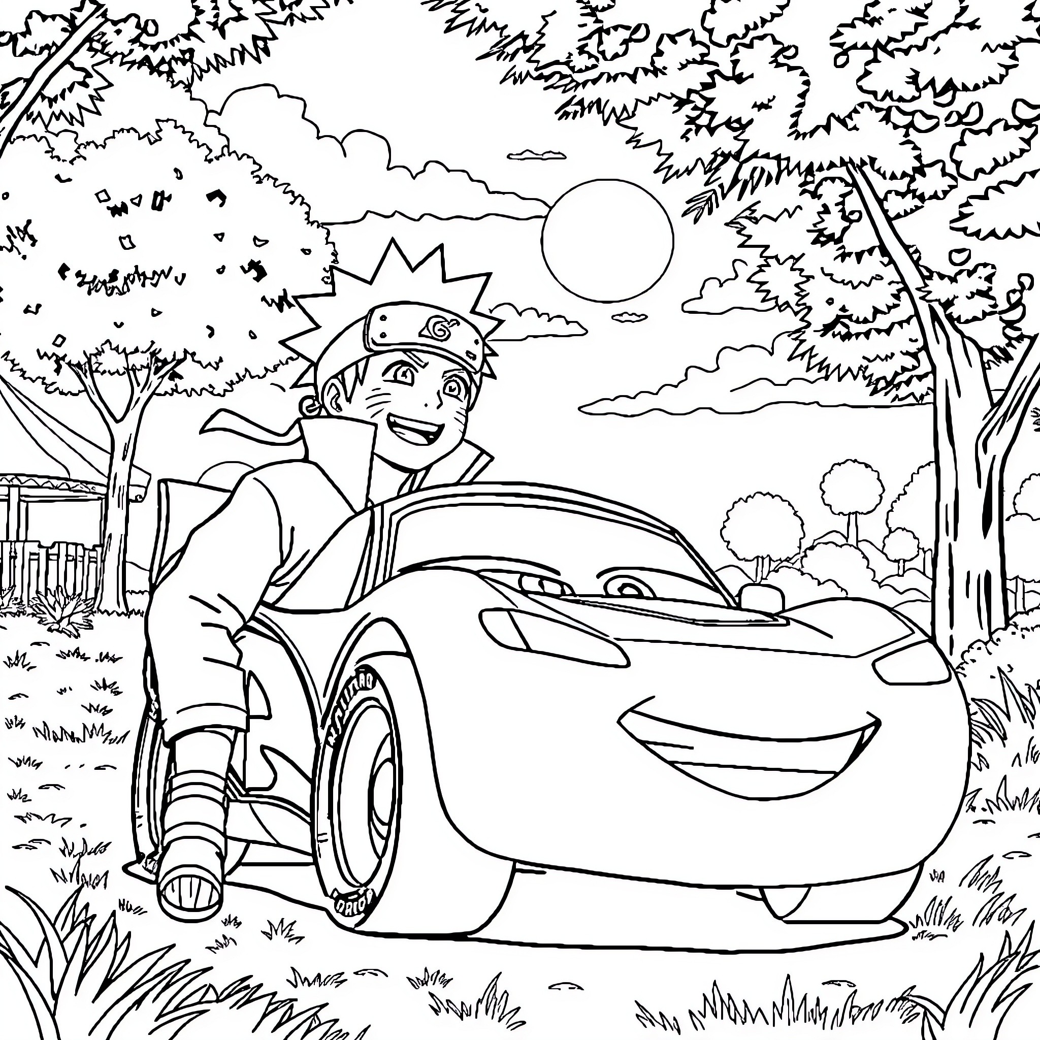Naruto speeding through the forest in a sports car Coloring Page (free black-and-white line drawing printable PDF for all, from beginners to advanced learners, including children, teens, adults, and seniors)