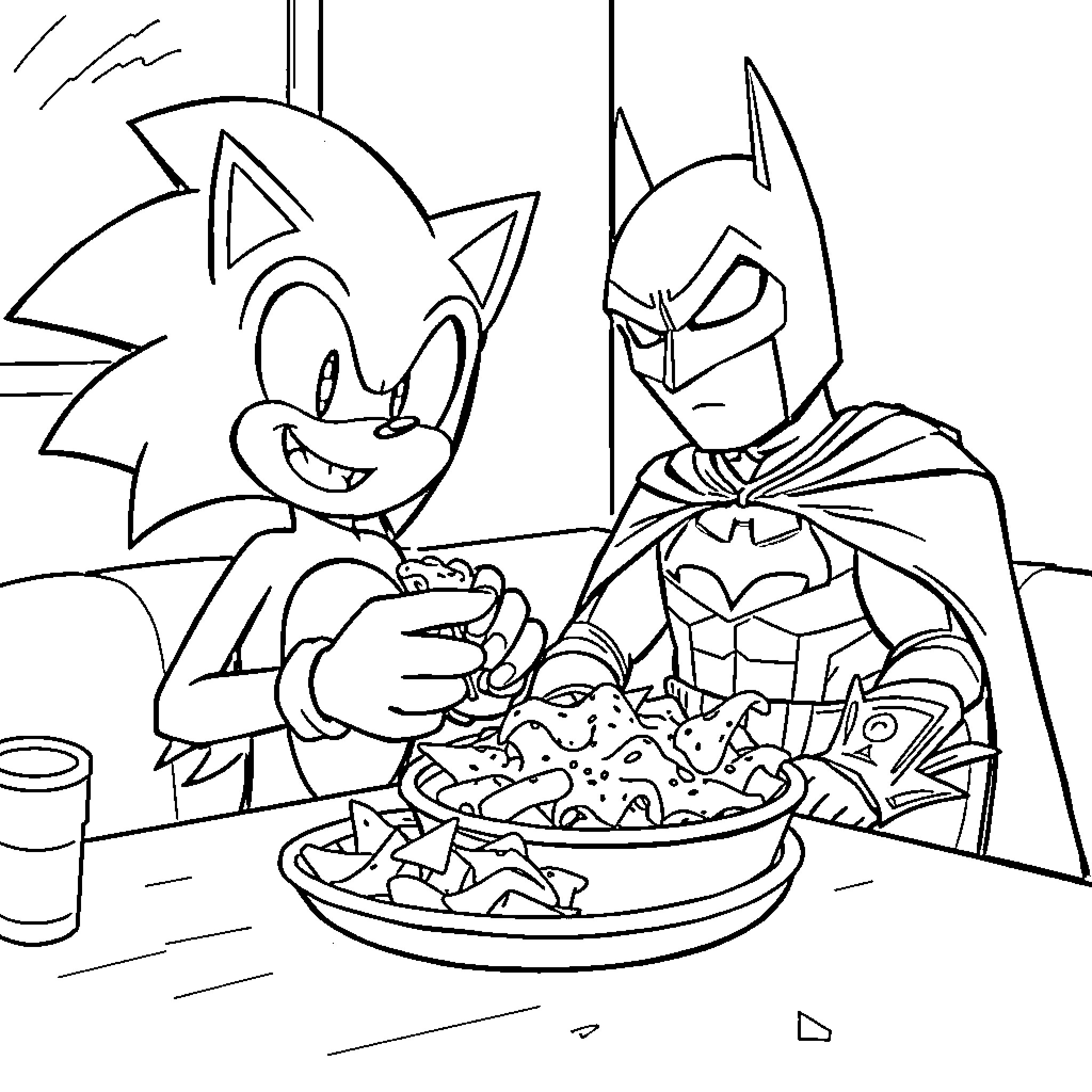 Sonic and Batman Enjoying Snacks Together Coloring Page (free black-and-white line drawing printable PDF for all, from beginners to advanced learners, including children, teens, adults, and seniors)