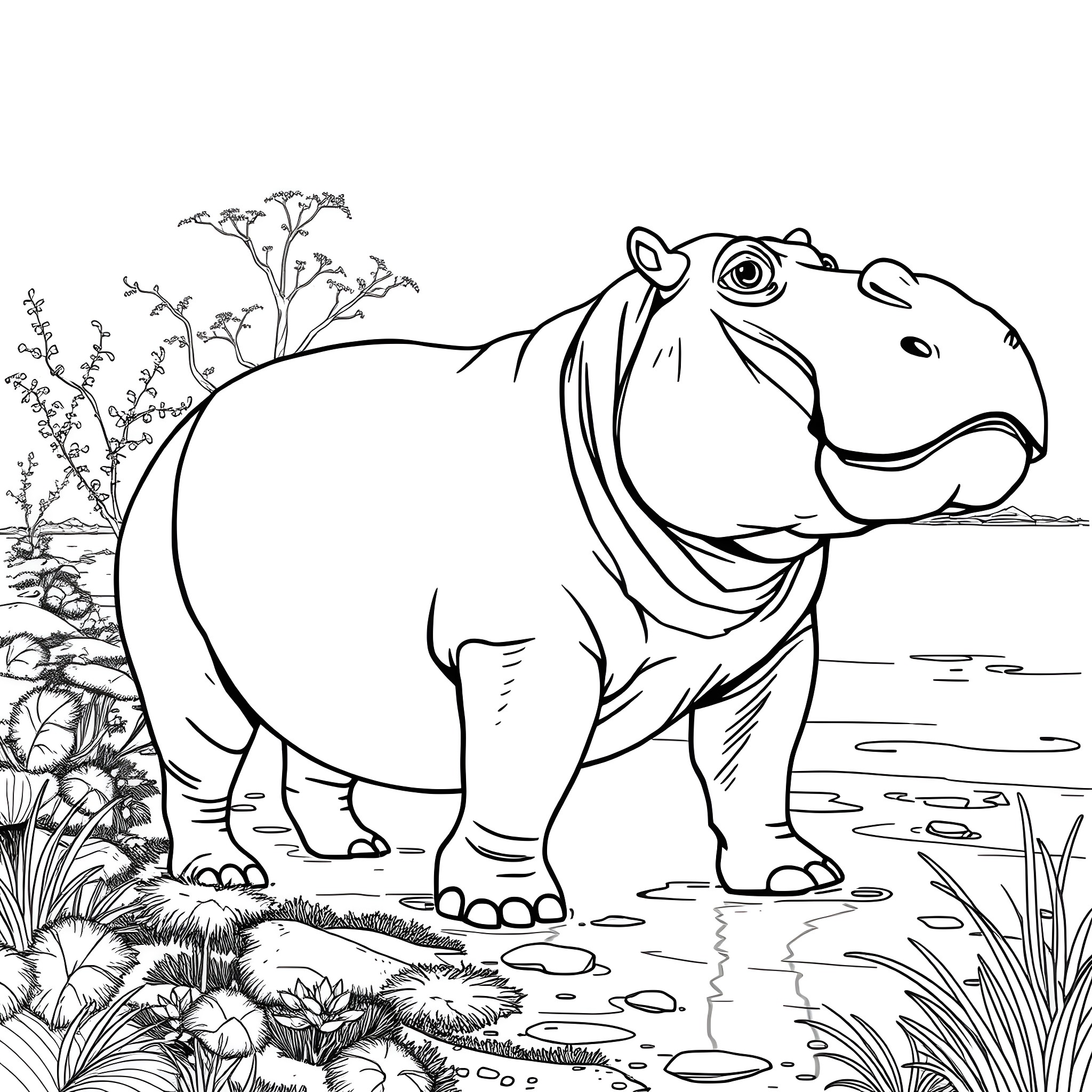 Hippopotamus relaxing in the serene wilderness Coloring Page (free black-and-white line drawing printable PDF for all, from beginners to advanced learners, including children, teens, adults, and seniors)