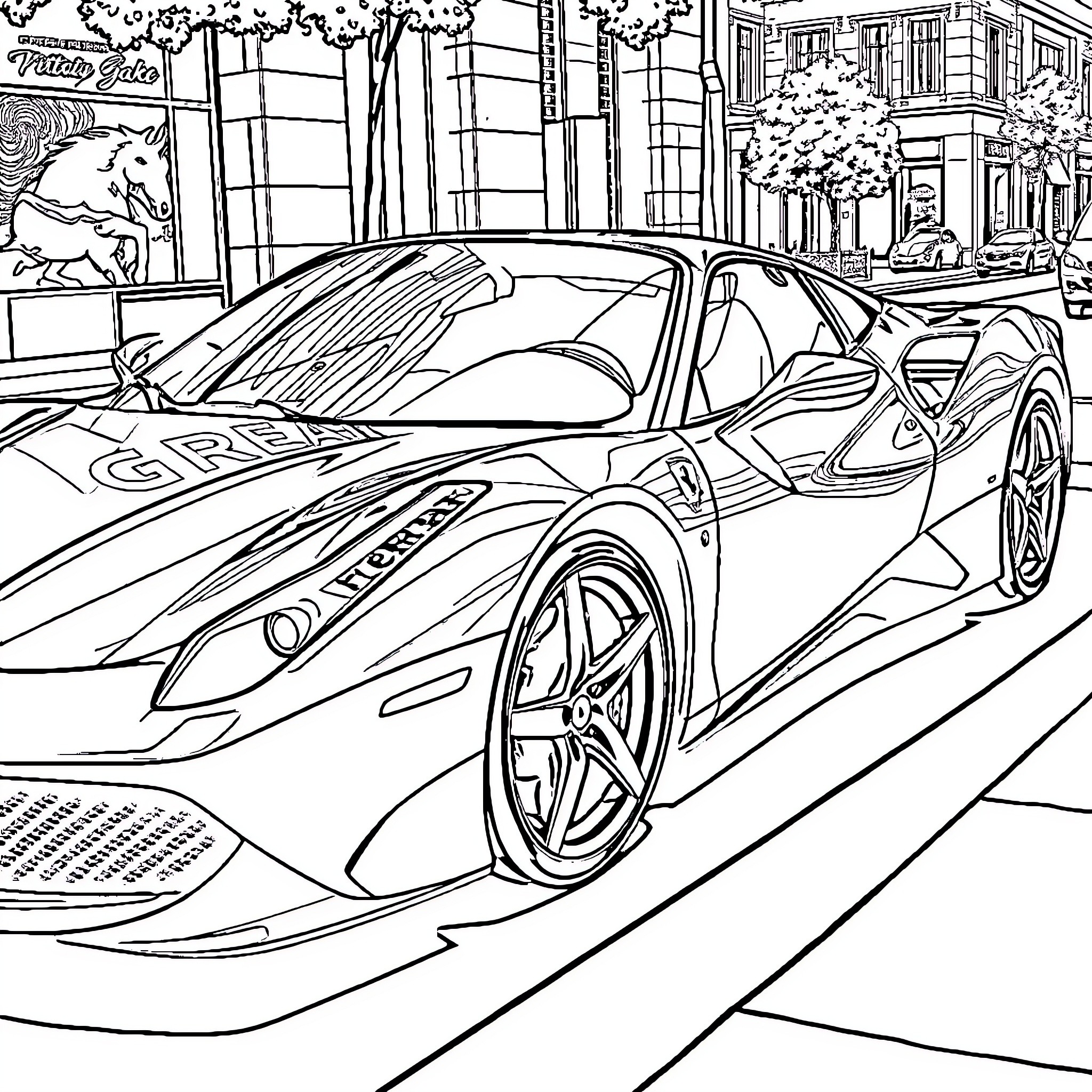Ferrari speeding through the city streets Coloring Page (free black-and-white line drawing printable PDF for all, from beginners to advanced learners, including children, teens, adults, and seniors)