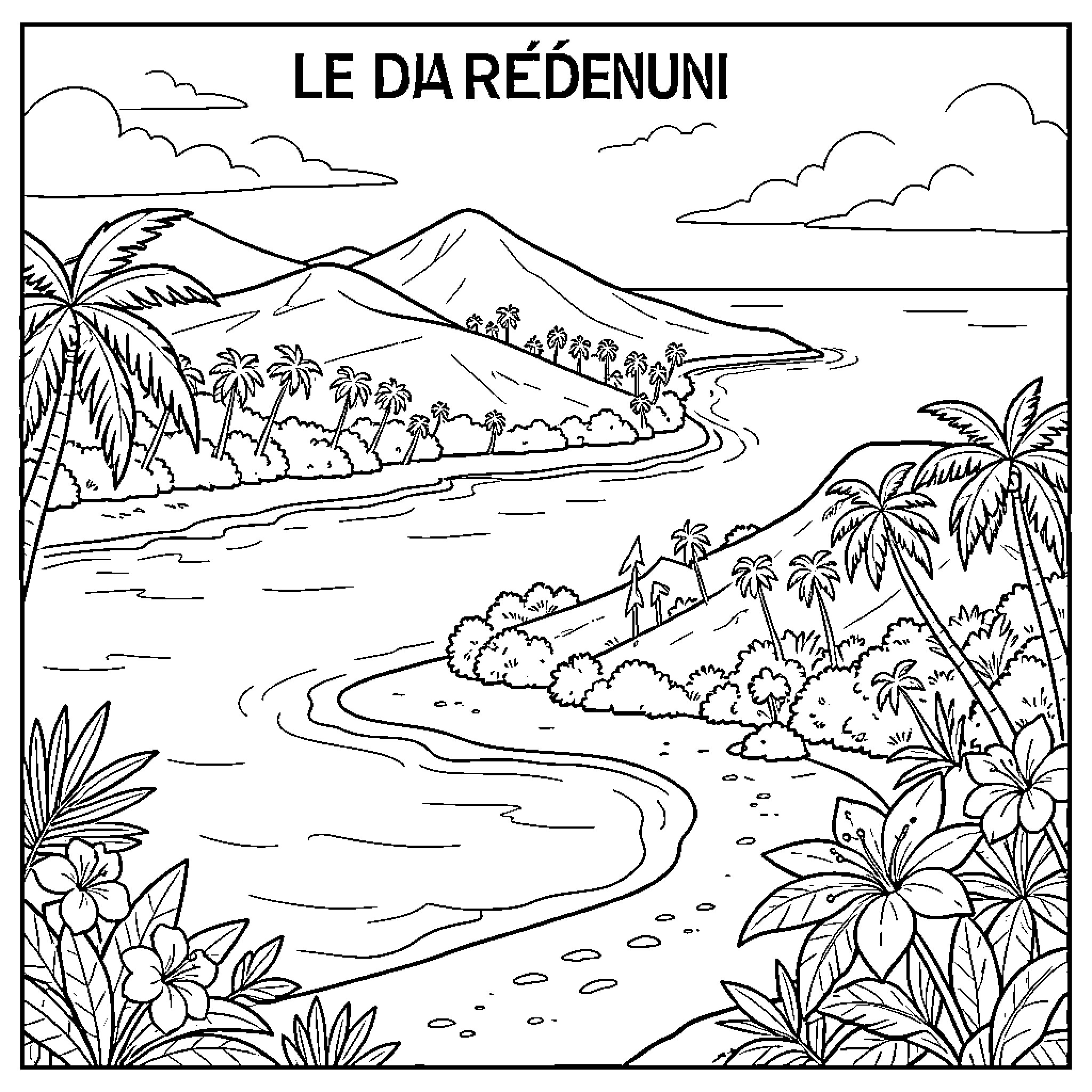 Ile landscape featuring palm trees and mountains by the sea Coloring Page (free black-and-white line drawing printable PDF for all, from beginners to advanced learners, including children, teens, adults, and seniors)