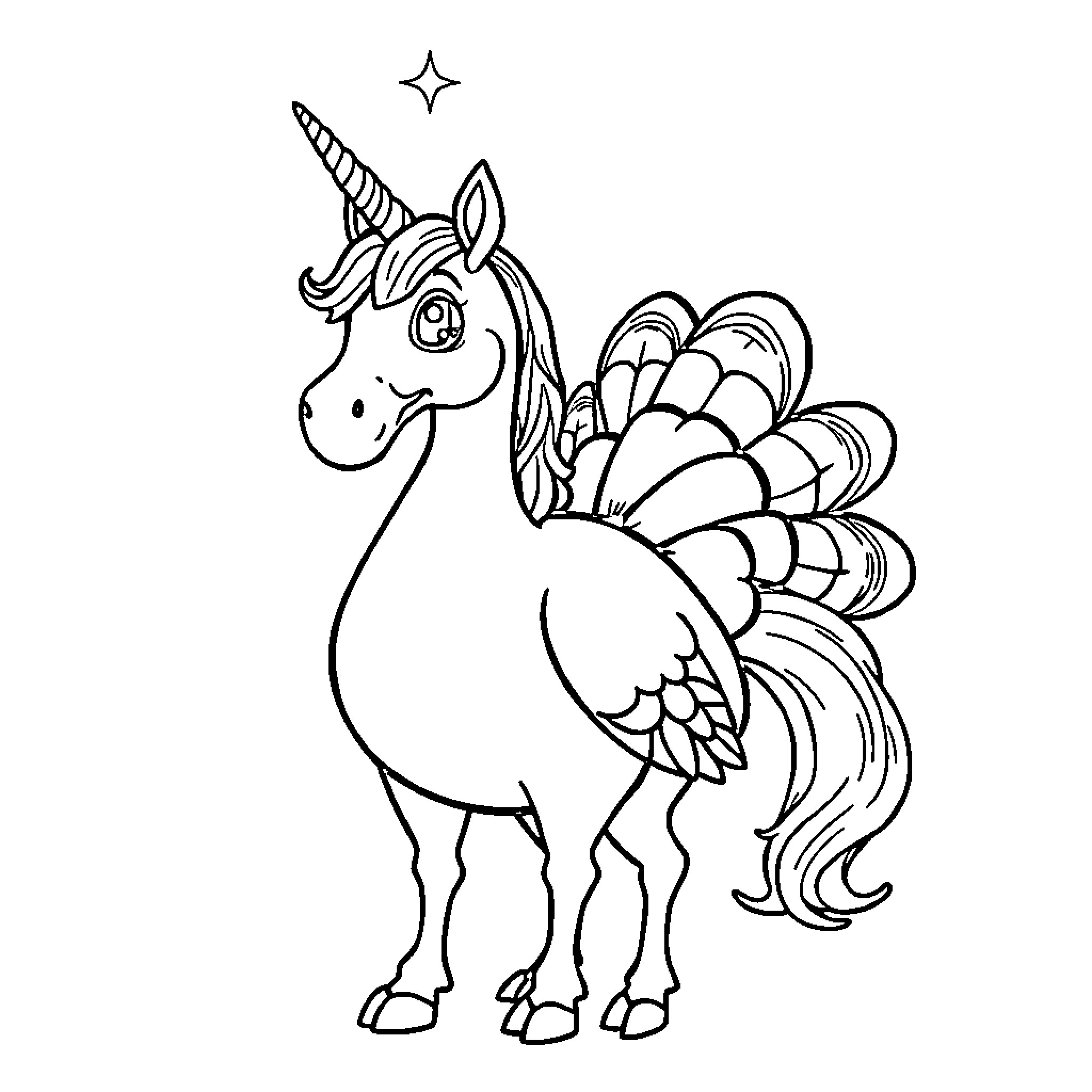 Unicorn Turkey displaying majestic features Coloring Page (free black-and-white line drawing printable PDF for all, from beginners to advanced learners, including children, teens, adults, and seniors)