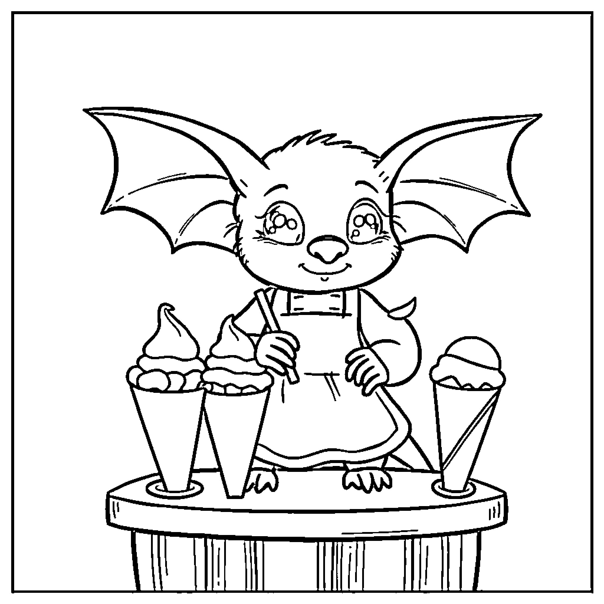 Bat selling tasty ice cream treats Coloring Page (free black-and-white line drawing printable PDF for all, from beginners to advanced learners, including children, teens, adults, and seniors)