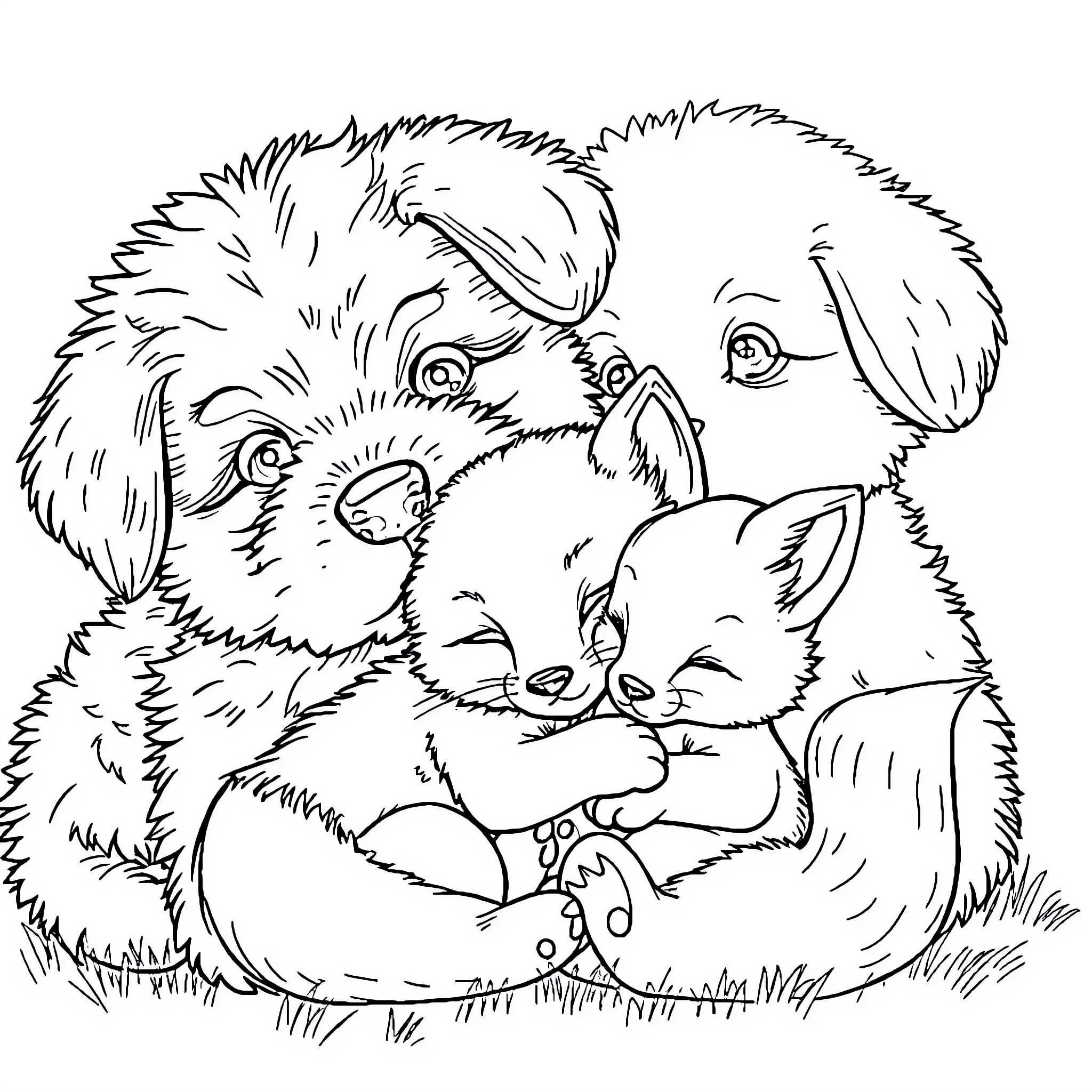Puppy playing with kittens in the grass Coloring Page (free black-and-white line drawing printable PDF for all, from beginners to advanced learners, including children, teens, adults, and seniors)